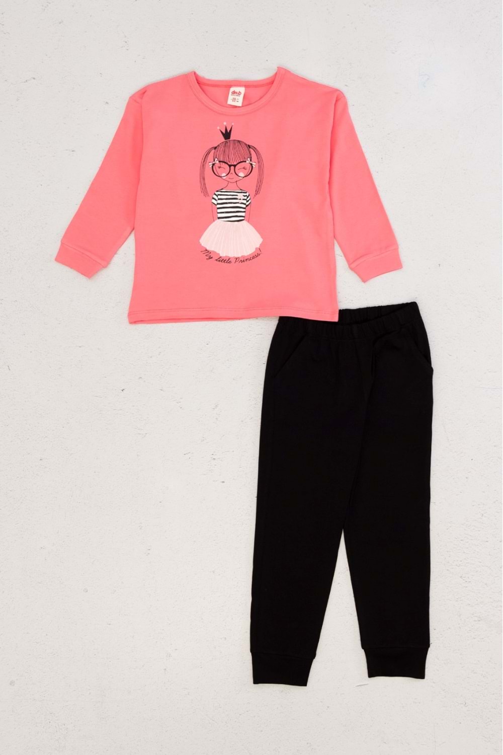 Kız Çocuk Önü Baskılı Paçaları Lastikli Pijama Takımı - Pembe - 6-7 YAŞ