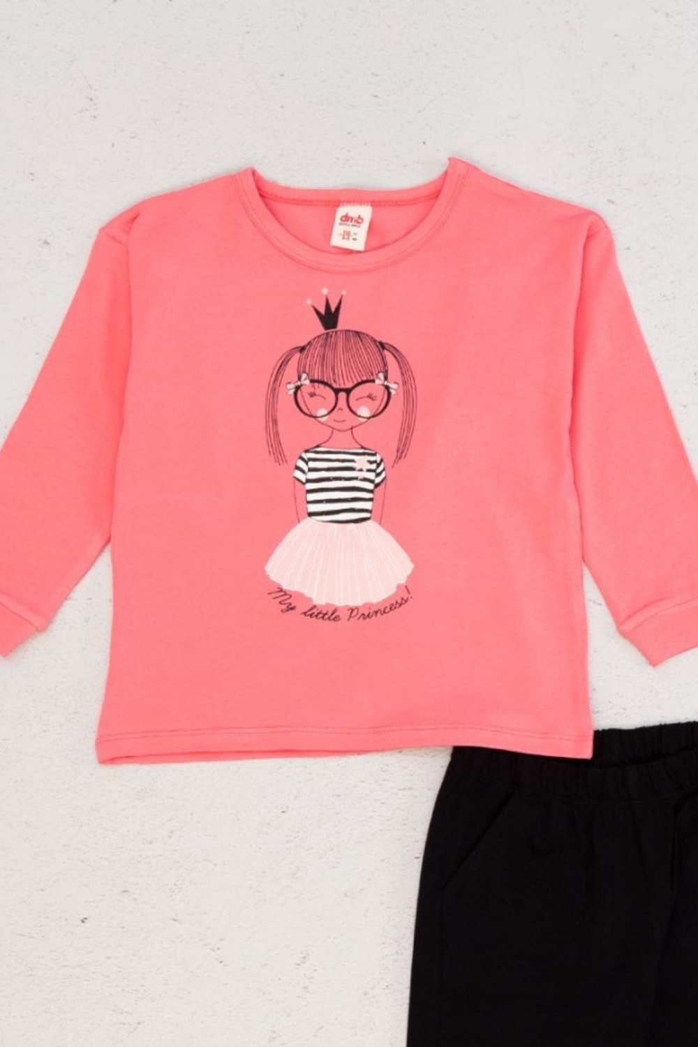 Kız Çocuk Önü Baskılı Paçaları Lastikli Pijama Takımı - Pembe - 6-7 YAŞ