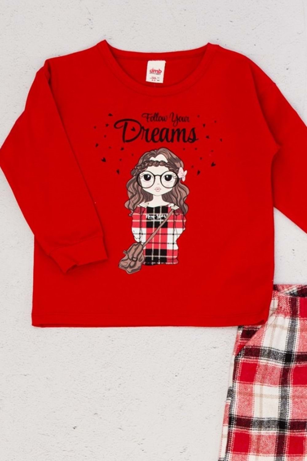 Kız Çocuk Önü Baskılı Ekose Desenli Pantolonlu Pijama Takımı - Kırmızı - 6-7 YAŞ