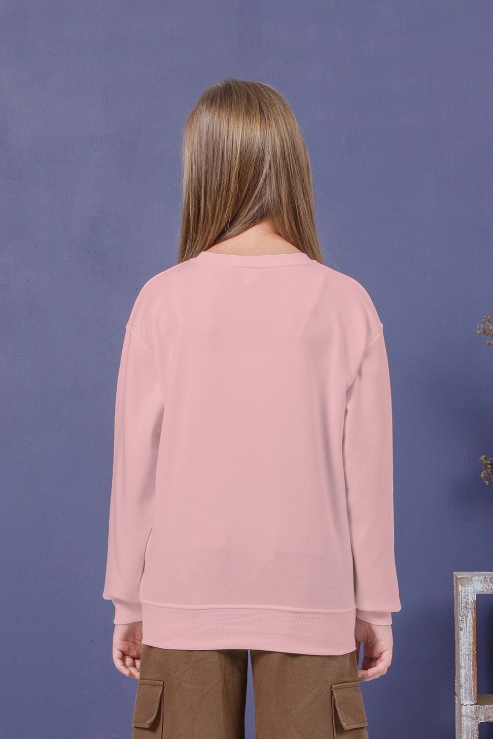 Önü Sargı Nakışlı Bisiklet Yaka Kız Çocuk Sweat - Pembe - 13-14 YAŞ