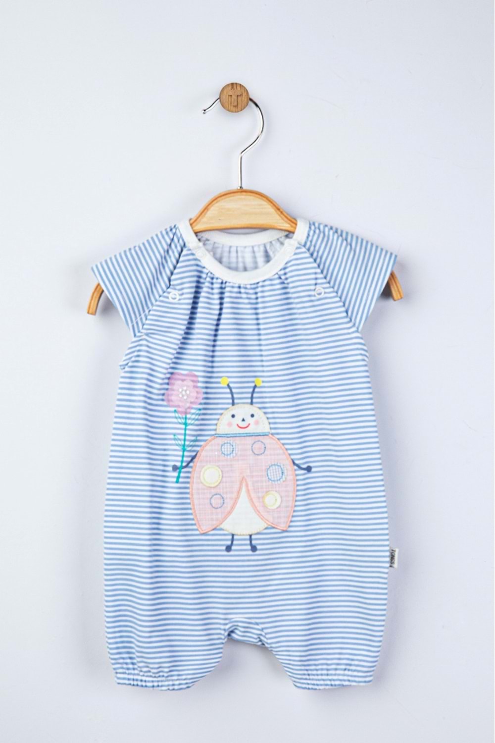 Uğur Böceği Aplikeli Ön Omuzdan Çıtçıtlı Kız Bebek Tulum- Mavi - 6-9 AY