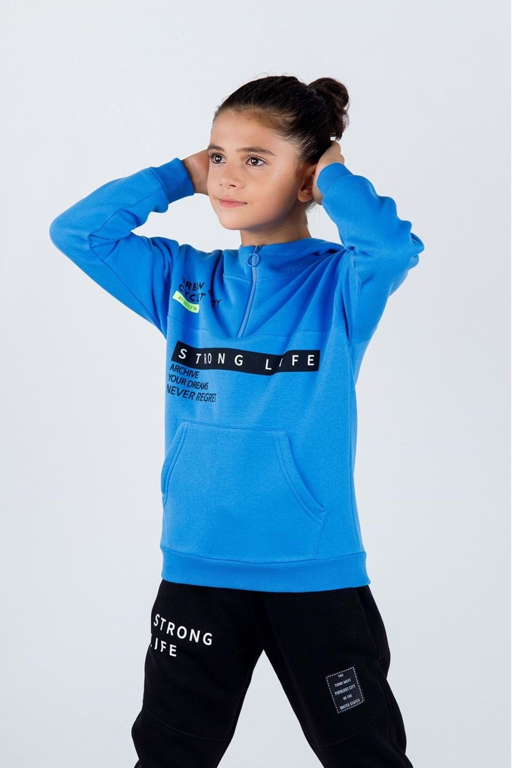 Kanguru Cepli Yarım Fermuarlı Önü Baskılı Kapüşonlu İçi Şardonlu Erkek Çocuk Eşofman Takımı