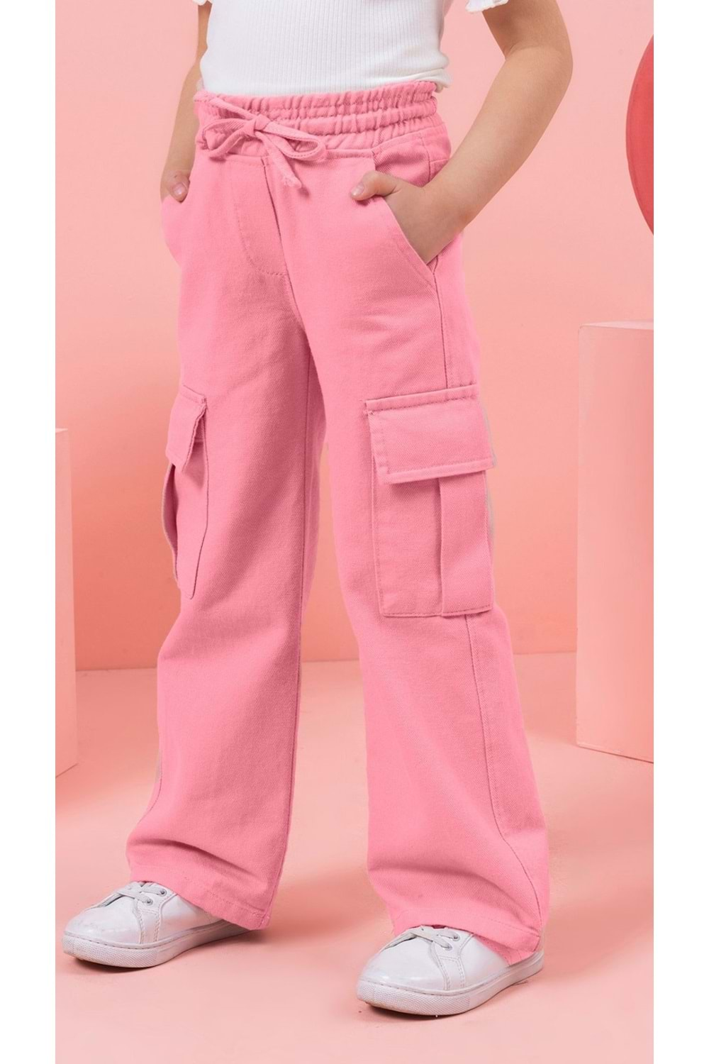 Kargo Cepli Lastikli Bel Gabardin Kız Kargo Pantolon - Pembe - 5-6 YAŞ