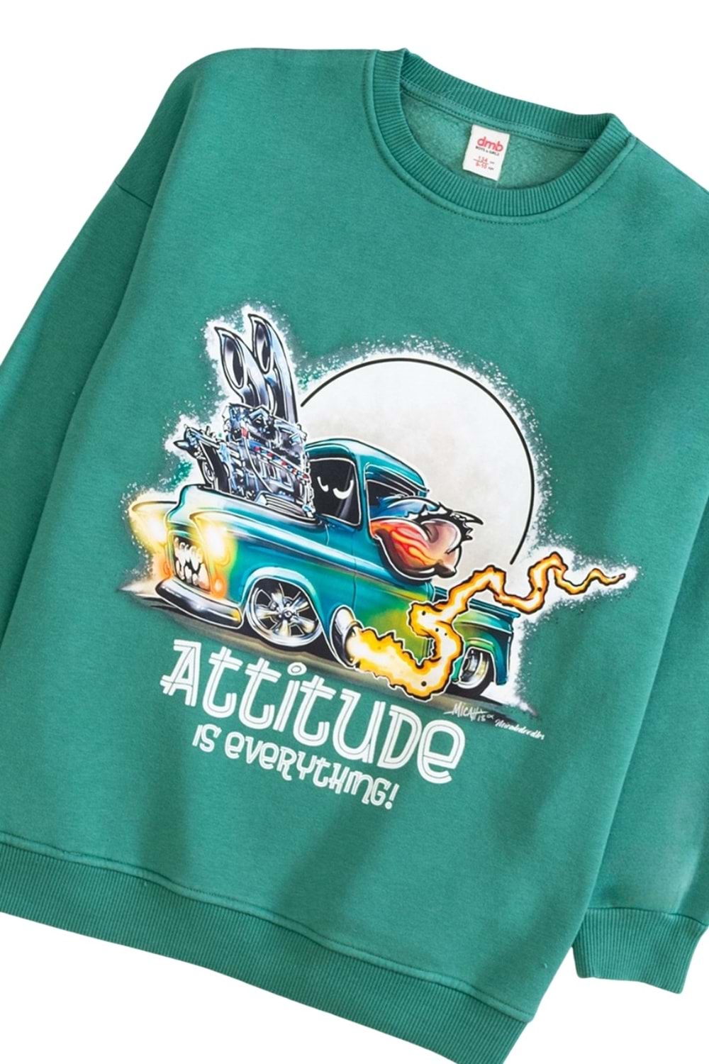 Bisiklet Yaka Önü Baskılı Oversize Sweatshirt - Yeşil - 12-13 YAŞ