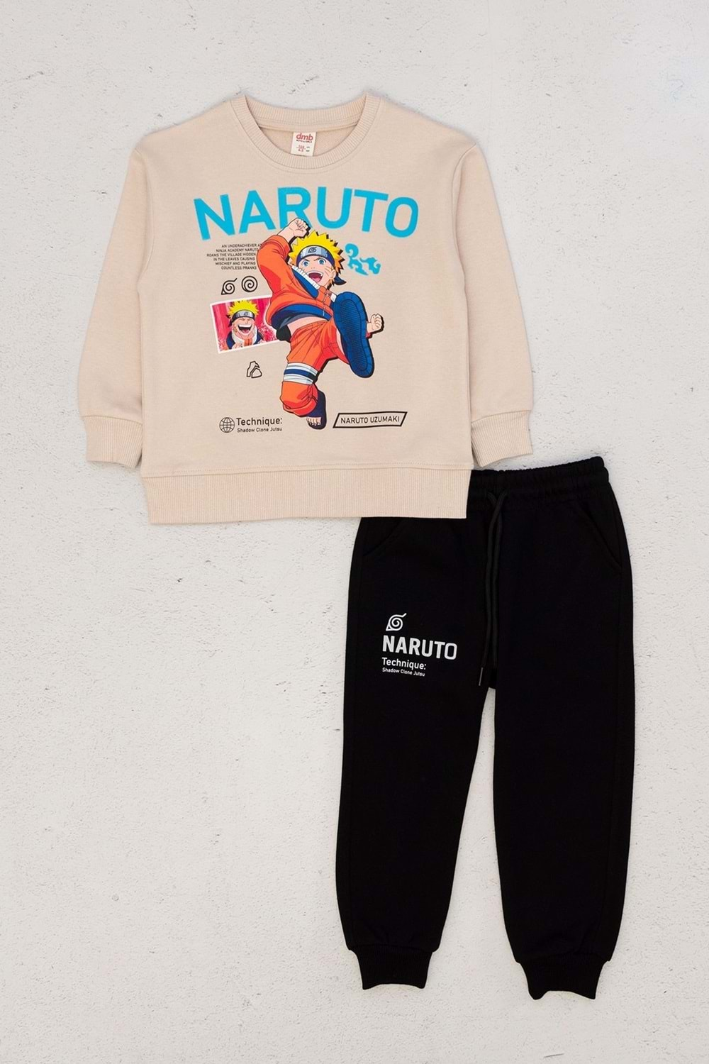 Önü Naruto Baskılı Sweat Eşofmanı Lastikli Paça Takım - Bej - 4-5 YAŞ