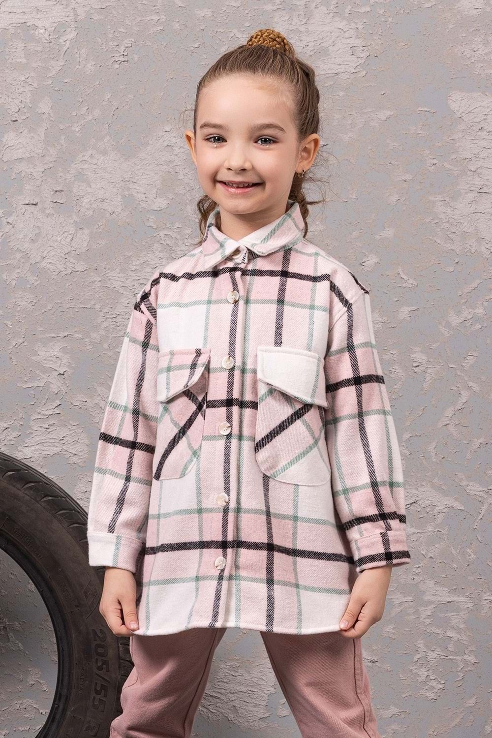 Ekose Desenli Cepli Kız Çocuk Oduncu Gömlek - Pembe - 5-6 YAŞ