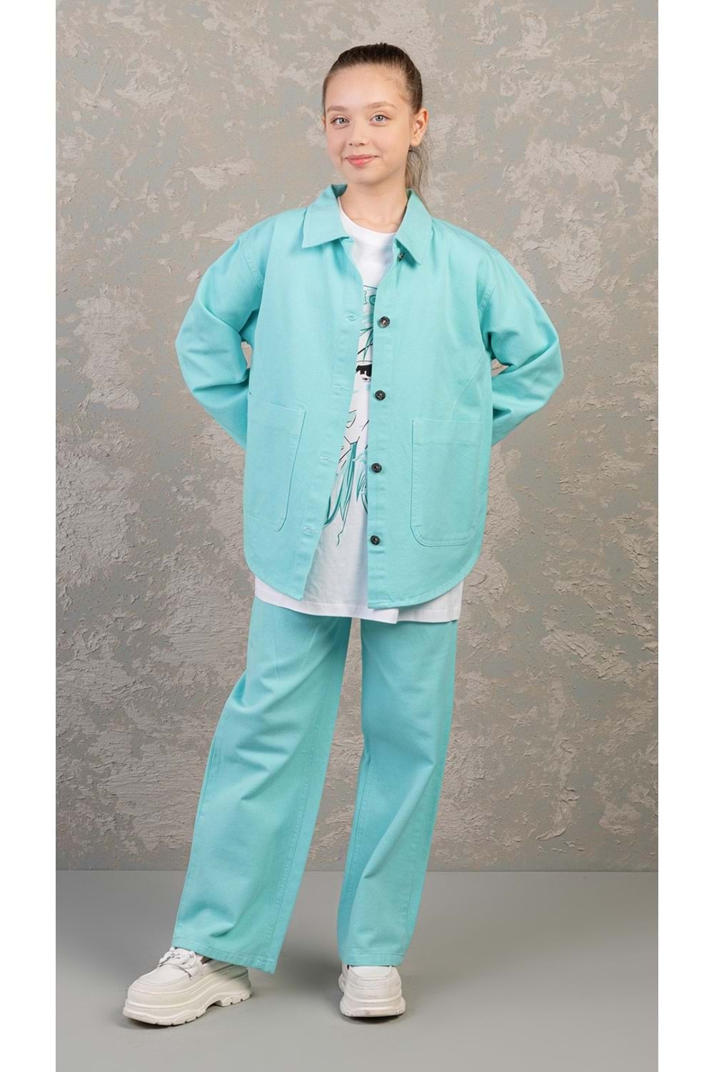 Düz Renk Beli Ayarlana Bilir Kız Çocuk Kot Pantolon - Mint - 12-13 YAŞ