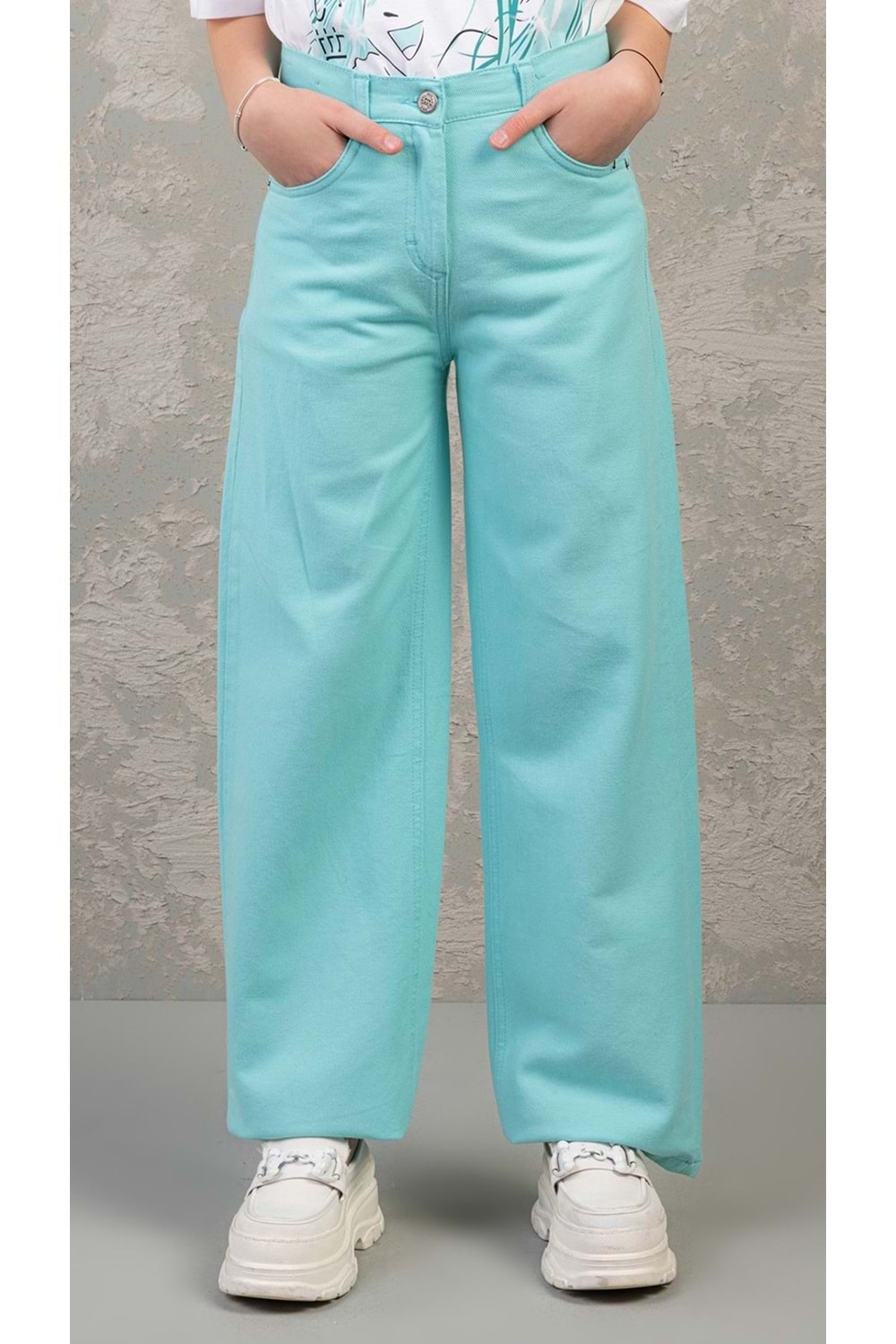 Düz Renk Beli Ayarlana Bilir Kız Çocuk Kot Pantolon - Mint - 13-14 YAŞ