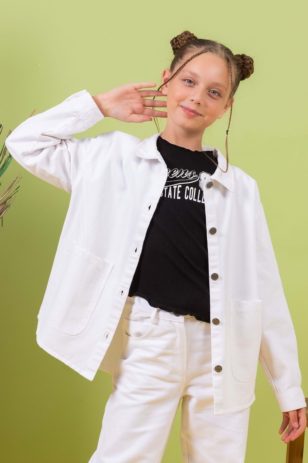 Düz Renk Cepli Düğme Kapamalı Kız Çocuk Kot Gömlek