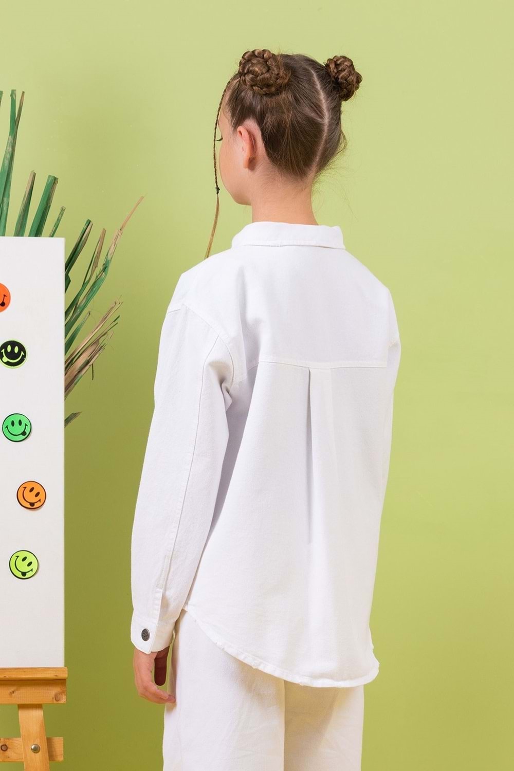 Düz Renk Cepli Düğme Kapamalı Kız Çocuk Kot Gömlek