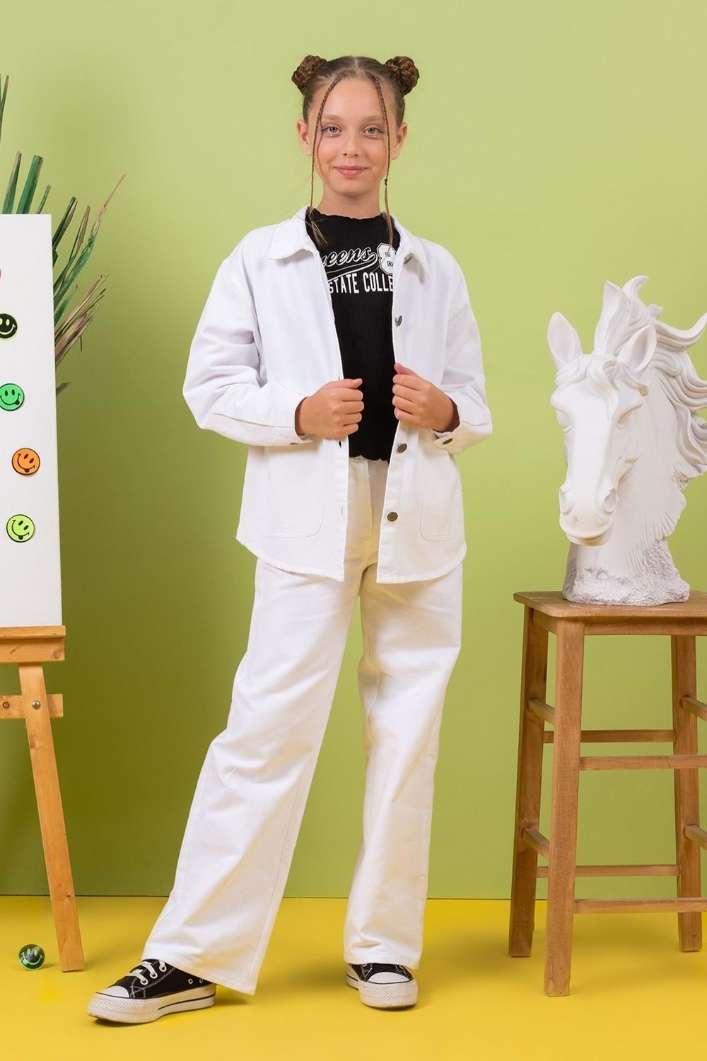 Düz Renk Cepli Düğme Kapamalı Kız Çocuk Kot Gömlek