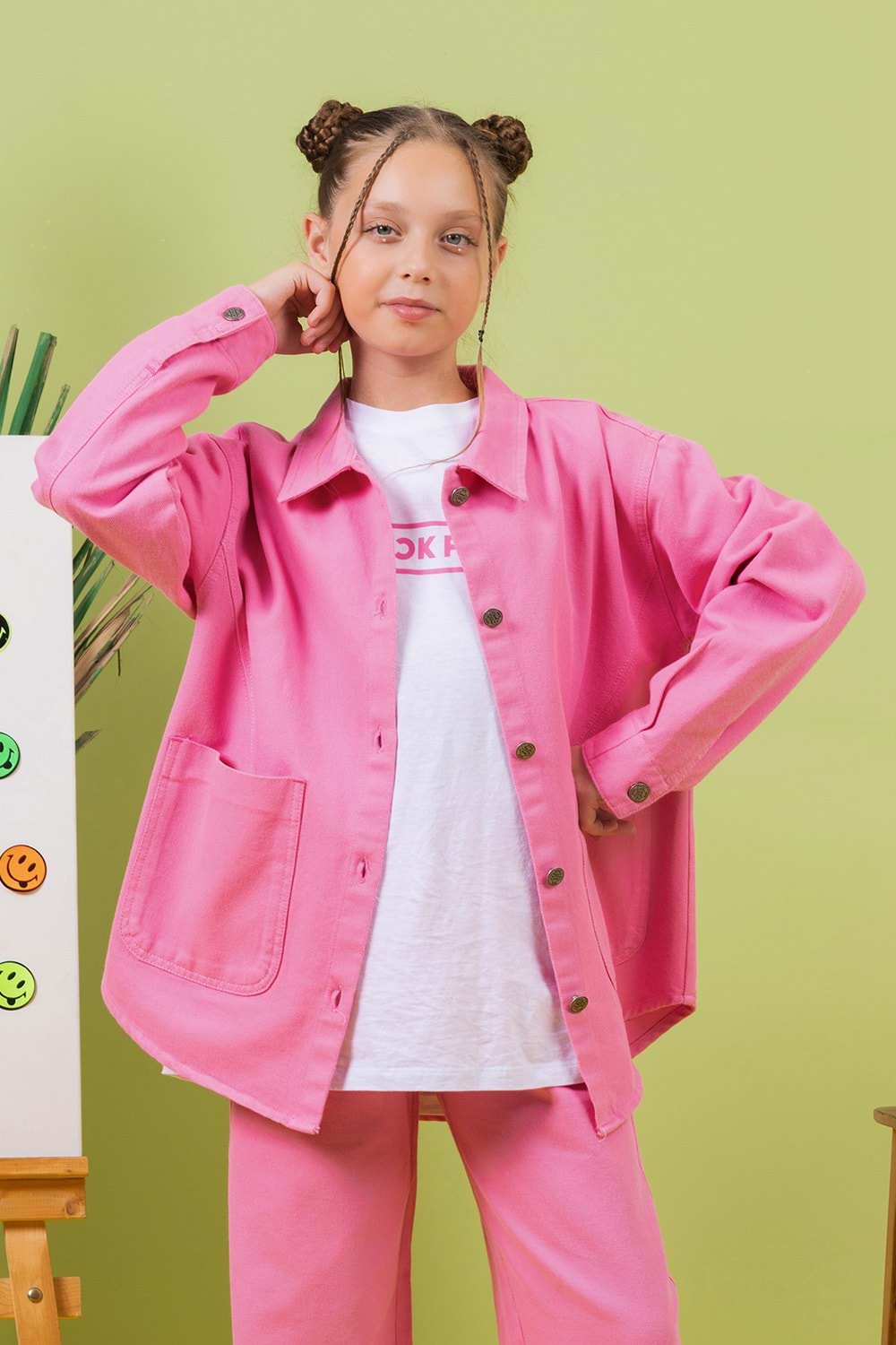 Düz Renk Cepli Düğme Kapamalı Kız Çocuk Kot Gömlek - Pembe - 13-14 YAŞ