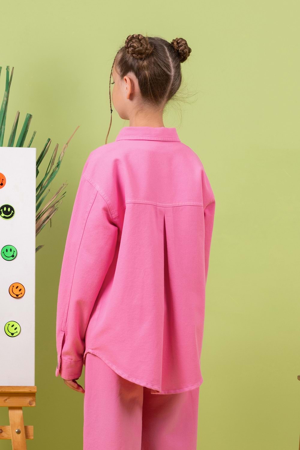 Düz Renk Cepli Düğme Kapamalı Kız Çocuk Kot Gömlek - Pembe - 13-14 YAŞ