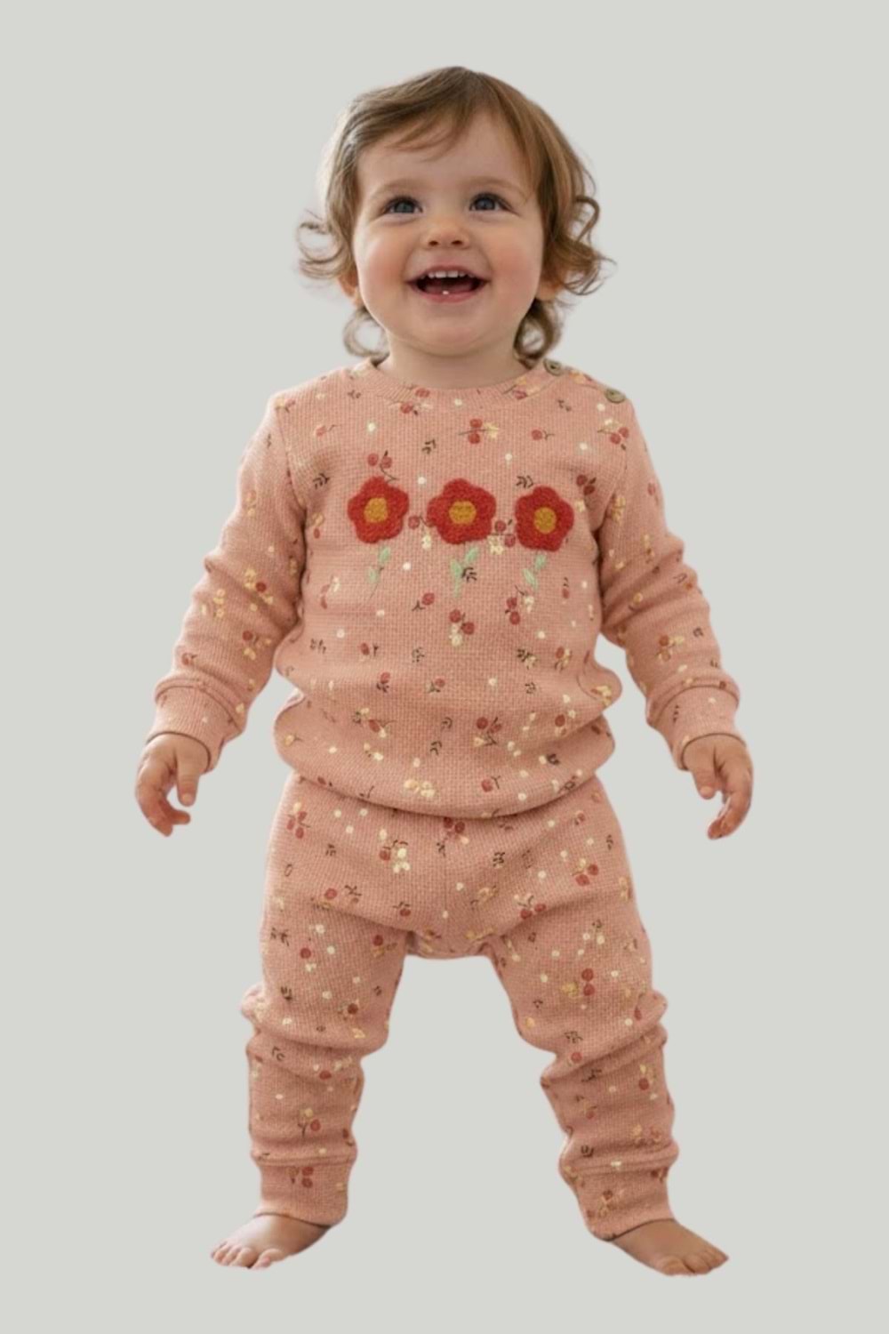 Çiçek Aplikeli Omuzdan Düğmeli Kız Bebek Alt Üst Takım - Pudra - 3-6 AY