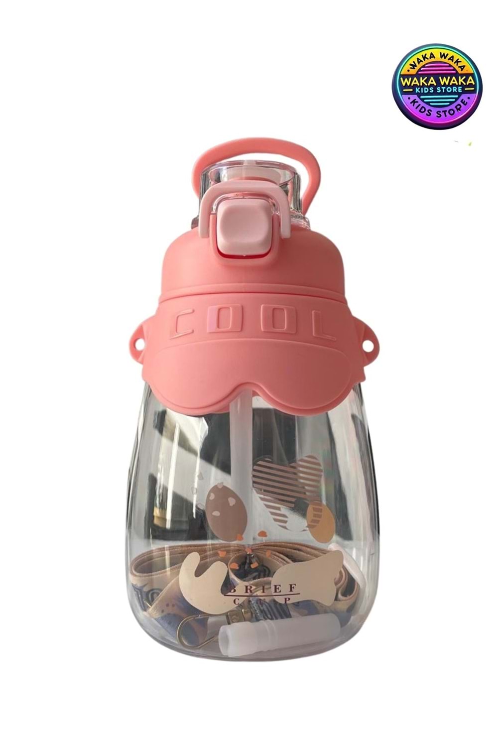 COOL Yazılı Çocuk Matara 600 ml - Şeffaf Renkli Suluk Askılı, Sızdırmaz & Pipetli