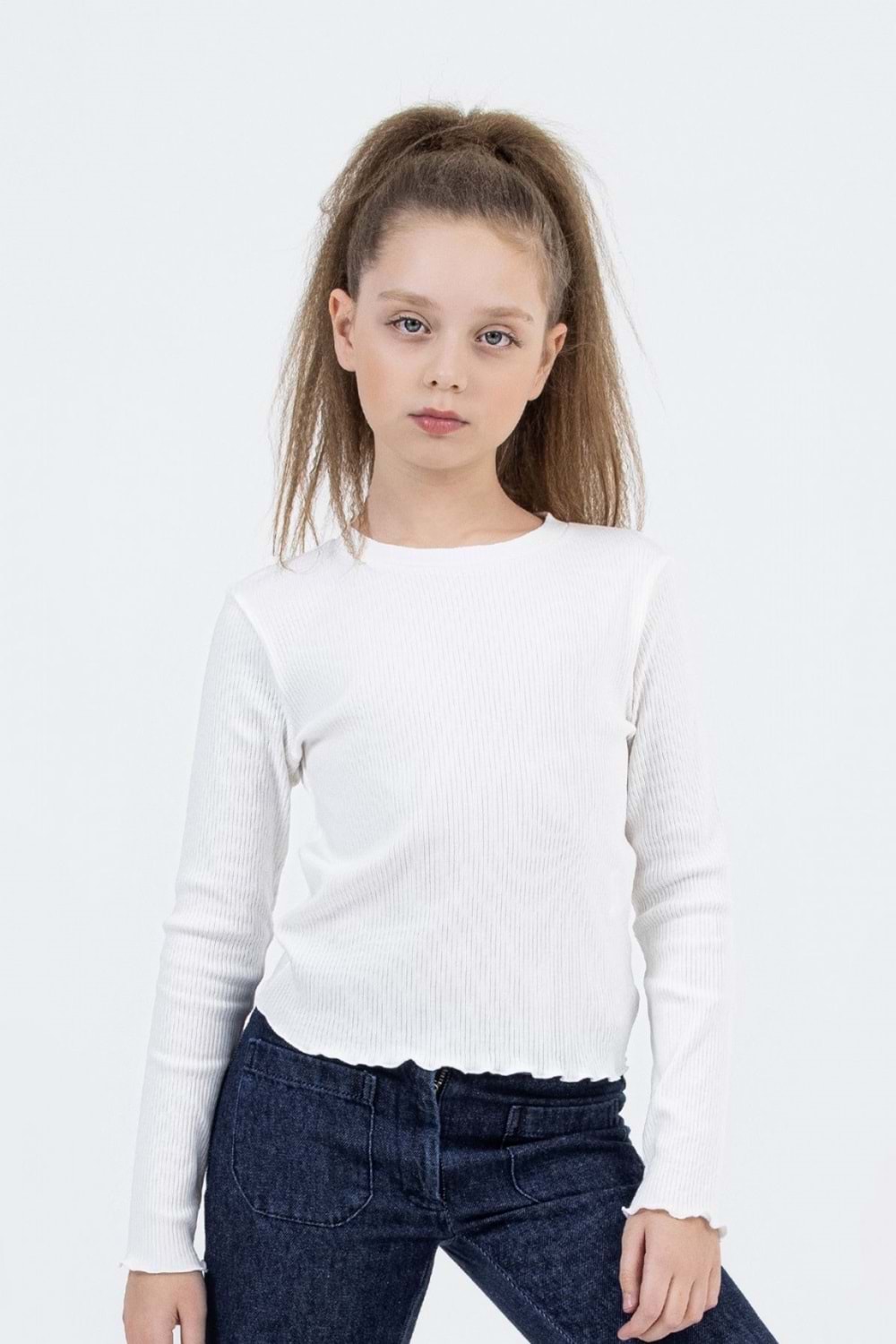 Kız Çocuk Uzun Kollu Ribana Tişört Ekru & Siyah