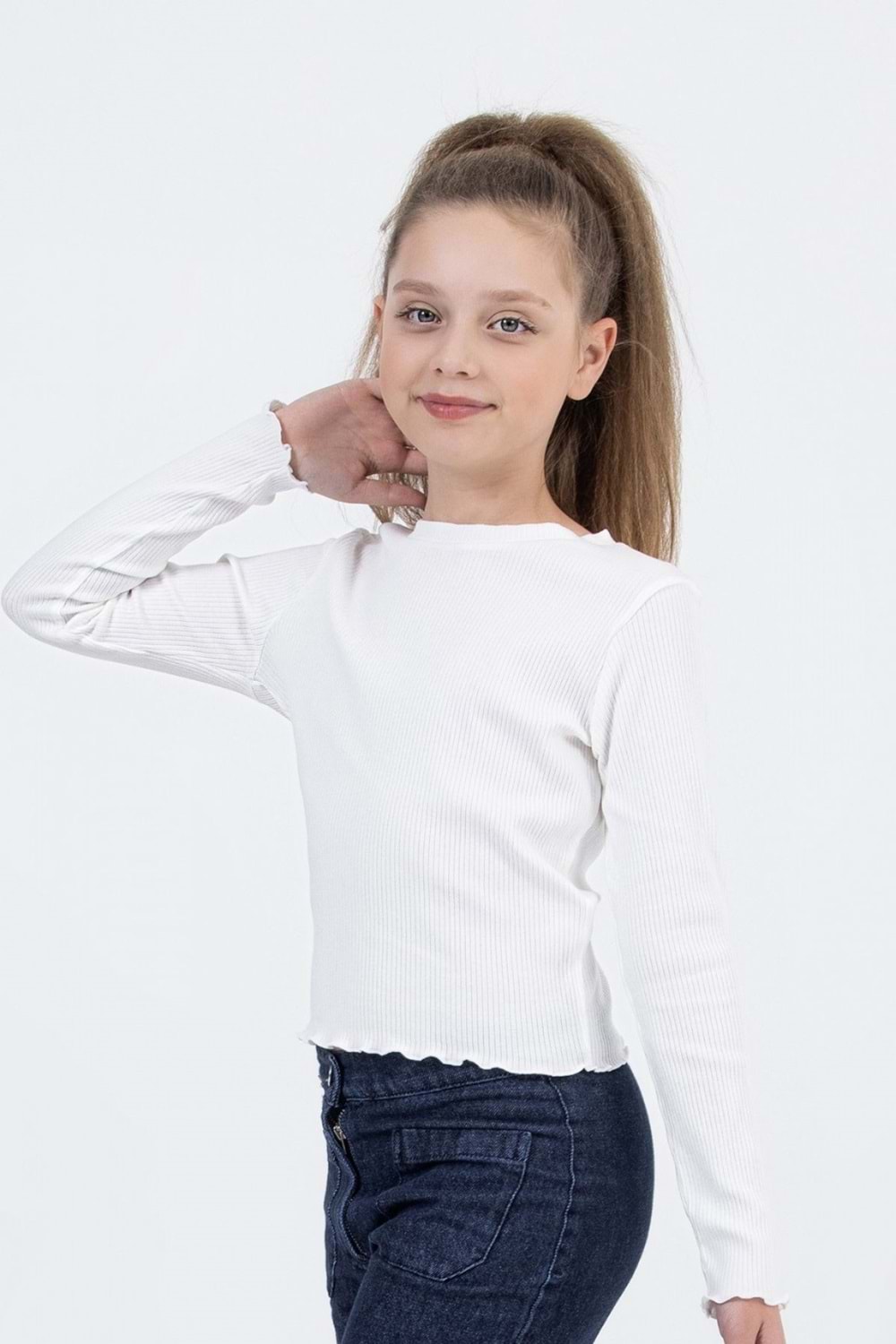 Kız Çocuk Uzun Kollu Ribana Tişört Ekru & Siyah