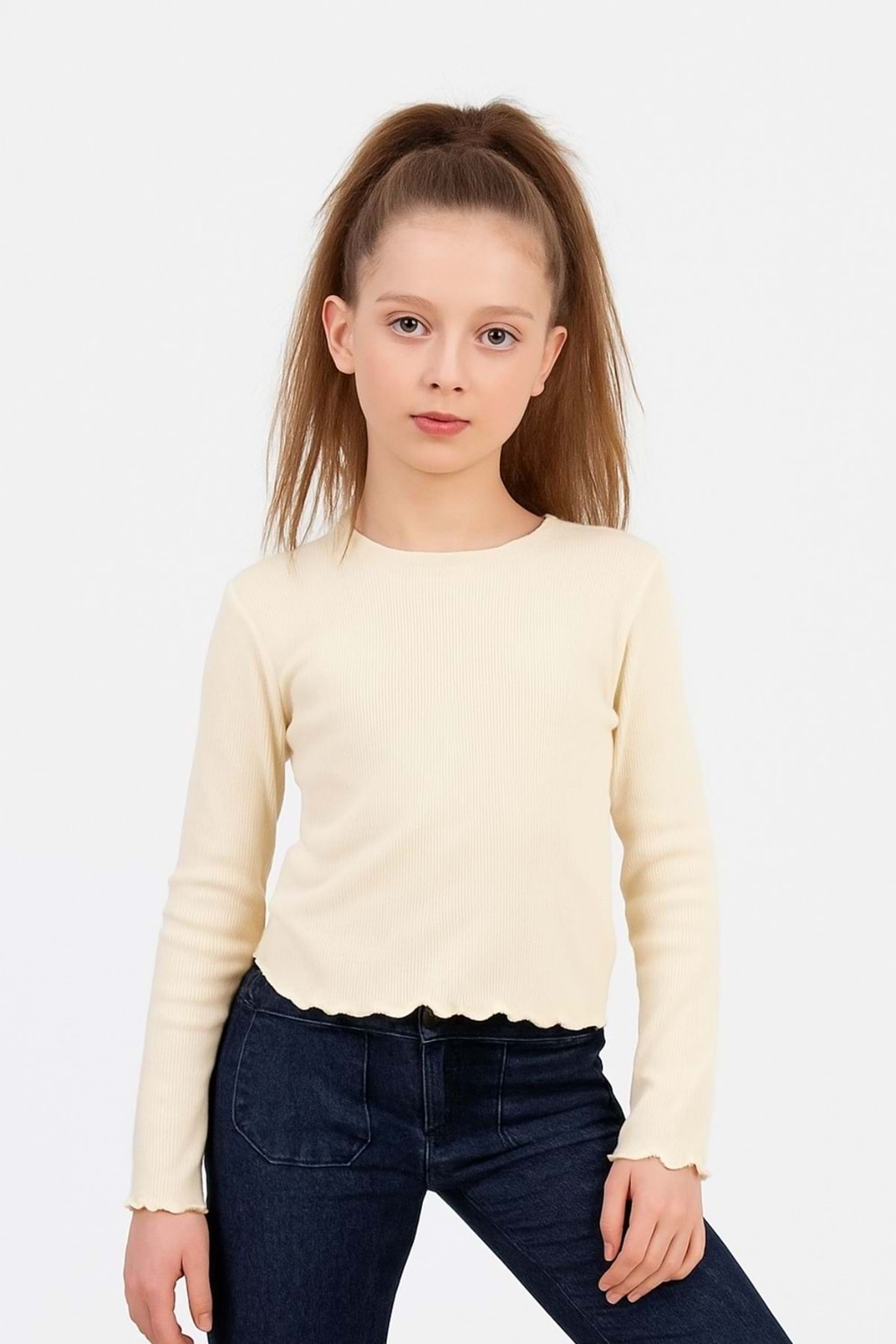 Kız Çocuk Uzun Kollu Ribana Tişört Ekru & Siyah