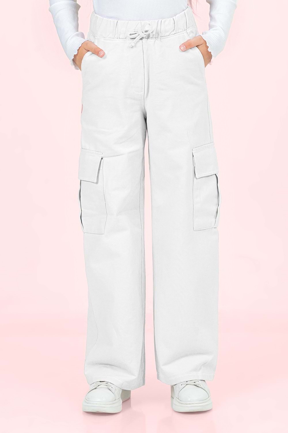 Kız Çocuk Beyaz Kargo Cep Detaylı Geniş Paça Gabardin Pantolon