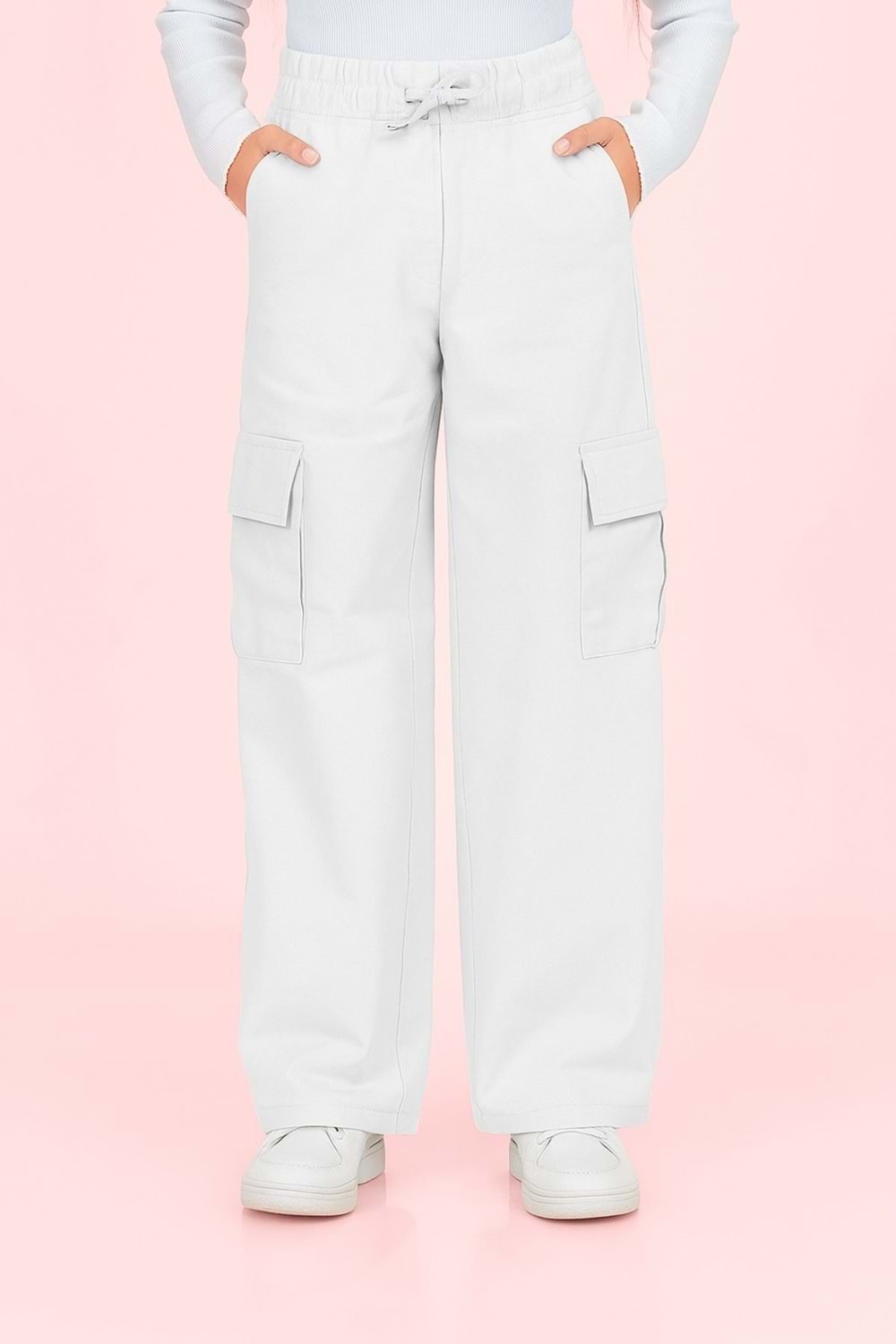Kız Çocuk Beyaz Kargo Cep Detaylı Geniş Paça Gabardin Pantolon