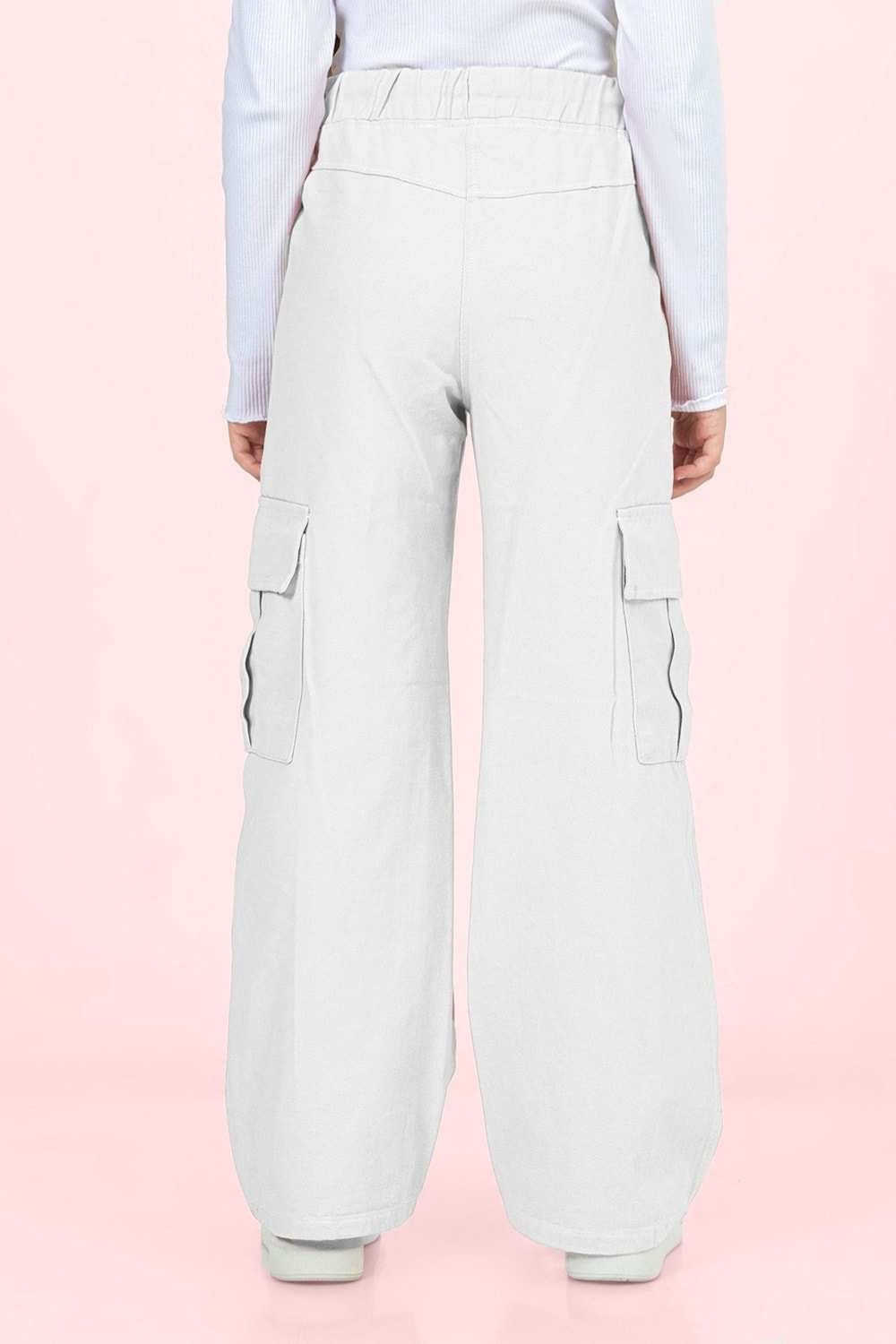Kız Çocuk Beyaz Kargo Cep Detaylı Geniş Paça Gabardin Pantolon