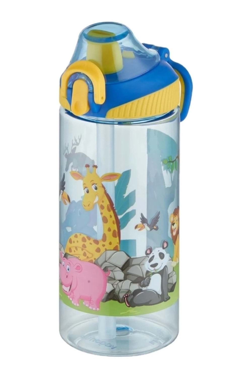 afari Hayvanları Desenli Pipetli Çocuk Suluk Matarası (500 ml) - Mavi - 2-8 YAŞ