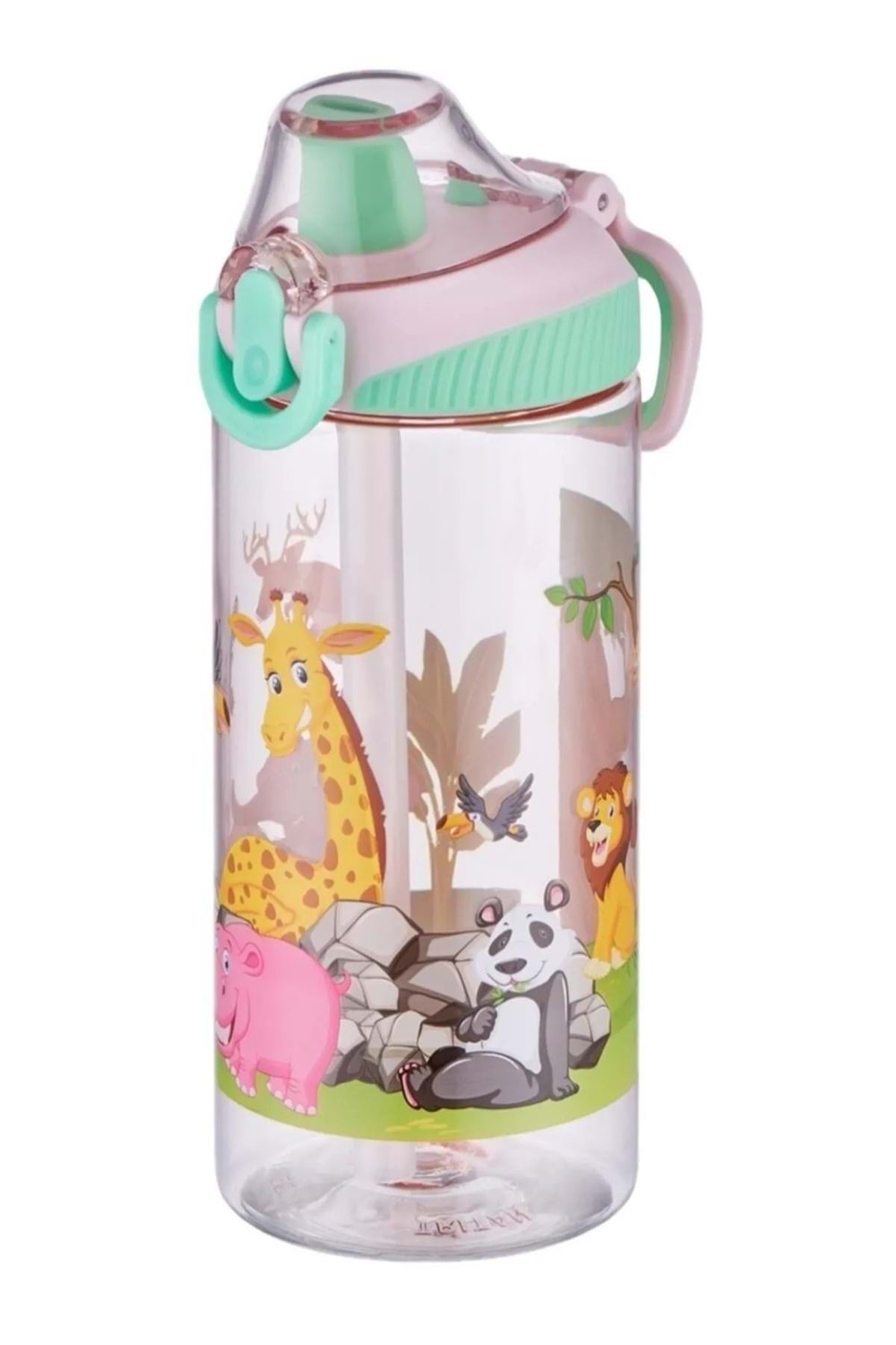 afari Hayvanları Desenli Pipetli Çocuk Suluk Matarası (500 ml) - Pembe - 2-8 YAŞ