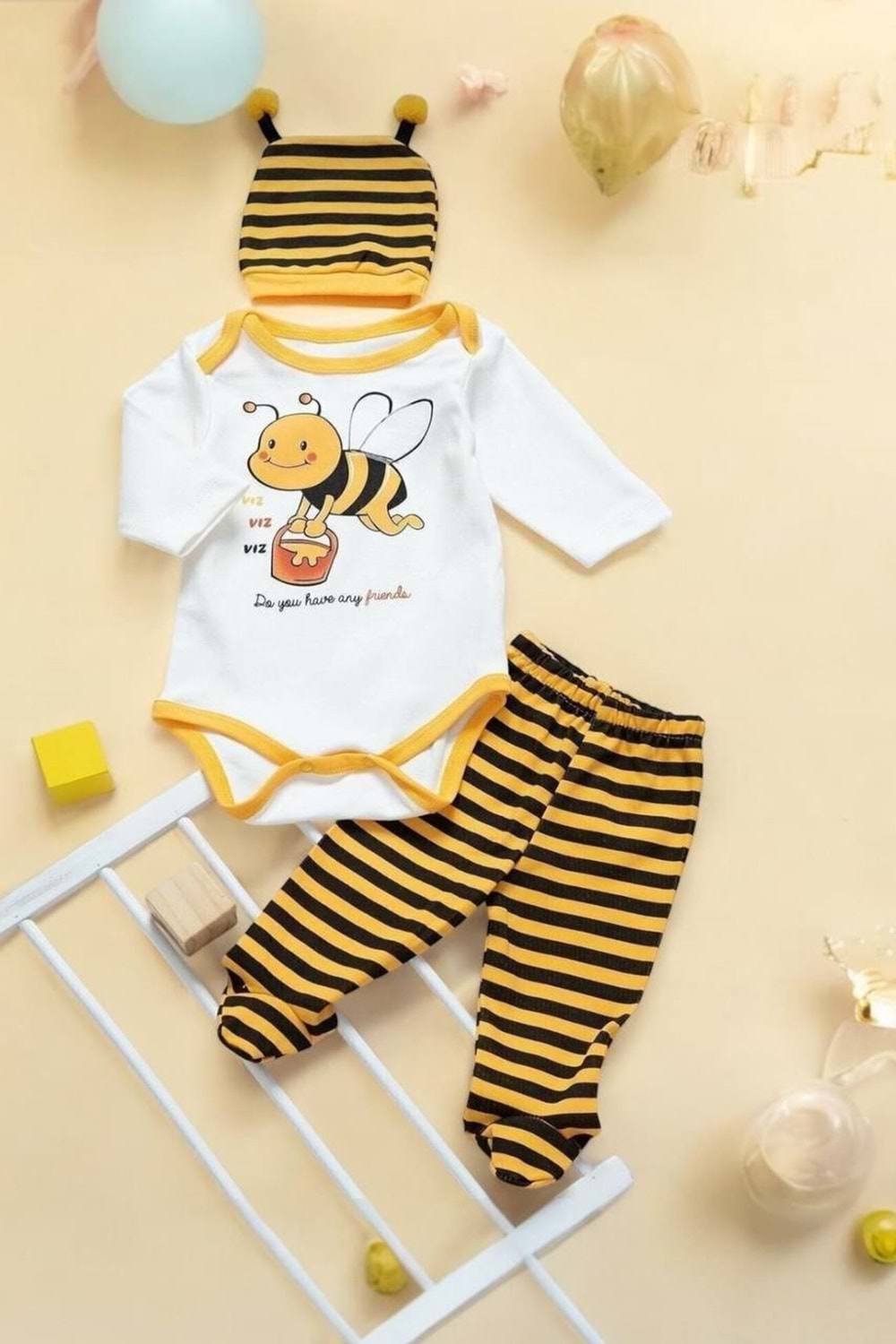 Arı Temalı 3'lü Bebek Takımı - Zıbın + Pantolon + Şapka - Sarı - 3-AY
