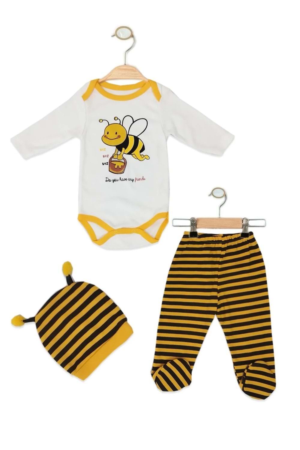 Arı Temalı 3'lü Bebek Takımı - Zıbın + Pantolon + Şapka - Sarı - 3-AY