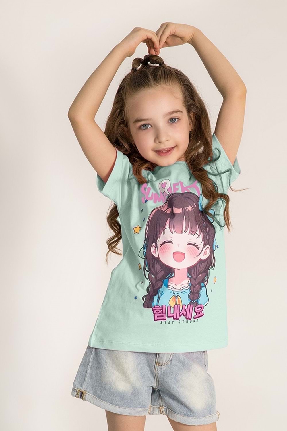 Summer Time Baskılı Bisiklet Yaka Kız T-shirt - Mint