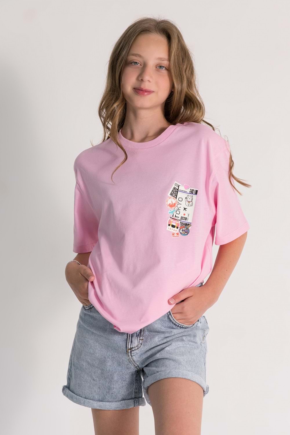 Önü Sırtı Tokyo Baskılı Bisiklet Yaka Kız Çocuk T-Shirt - Pembe