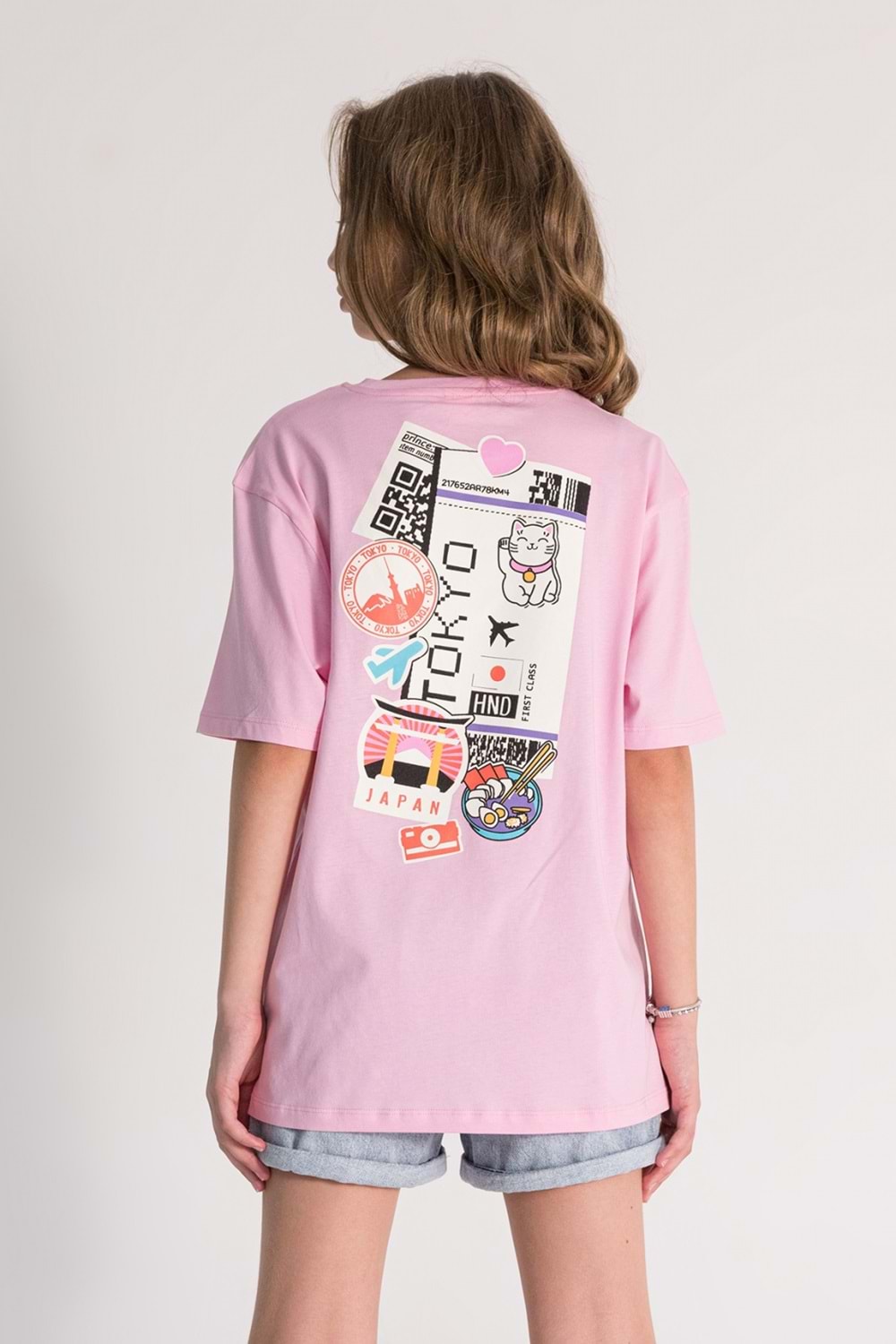 Önü Sırtı Tokyo Baskılı Bisiklet Yaka Kız Çocuk T-Shirt - Pembe