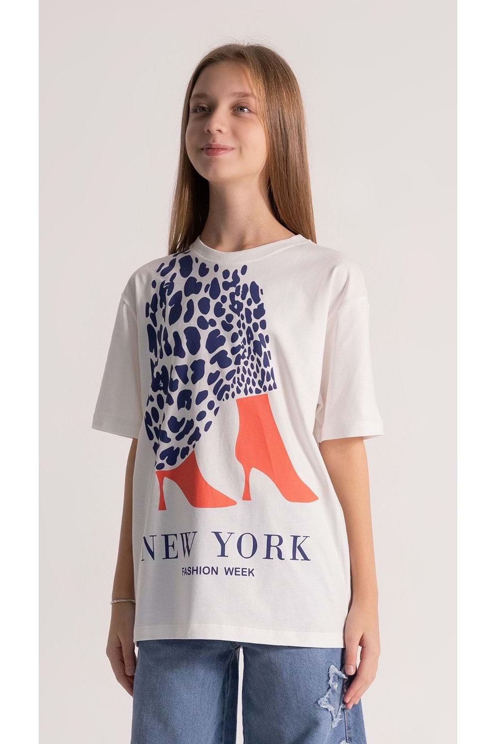 Önü Baskılı Bisiklet Yaka Kız Çocuk T-Shirt