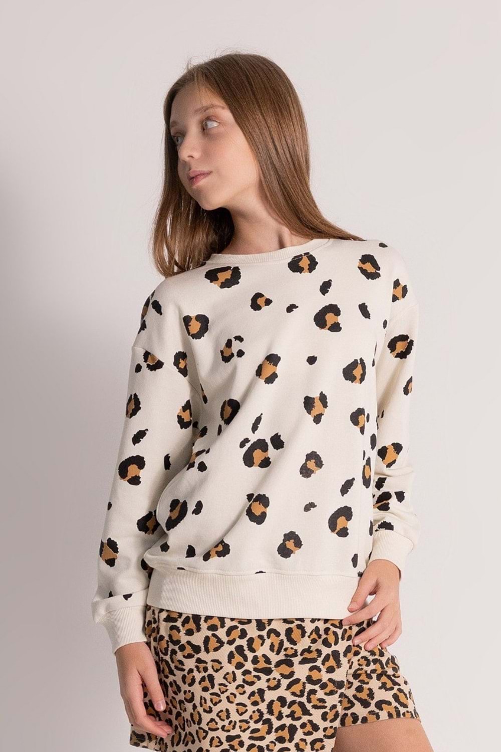 Leopar Baskılı Bisiklet Yaka Kız Çocuk Sweat