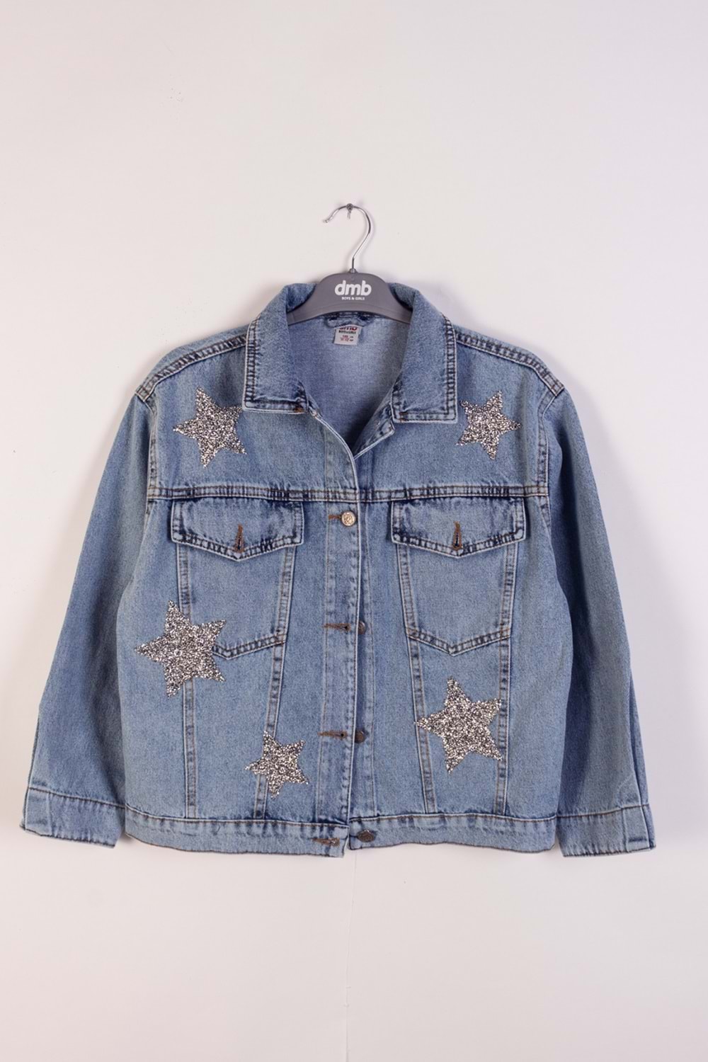 Taş Yıldız Baskılı Kapak Cepli Kız Çocuk Kot Ceket - Mavi
