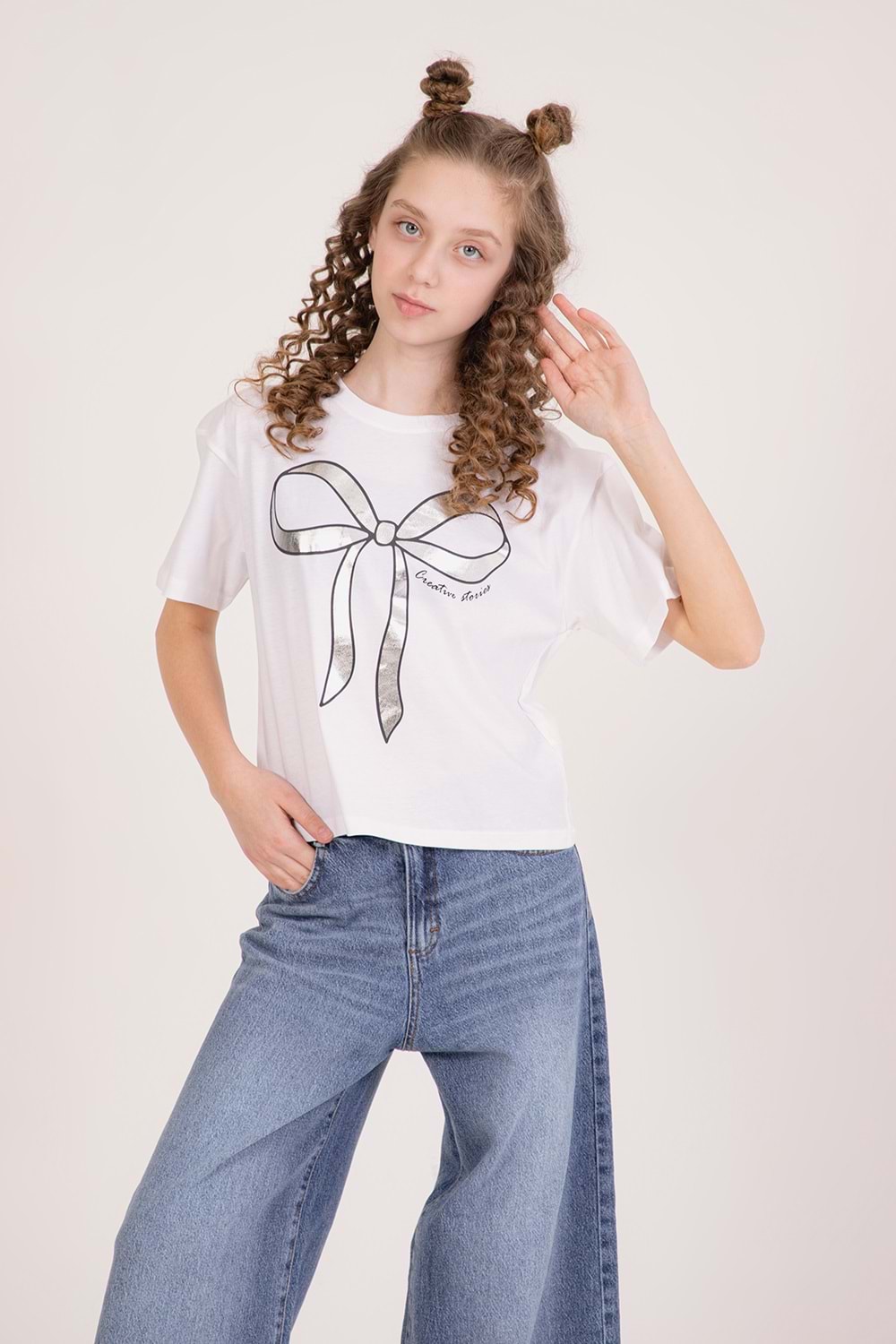 Fiyon Varak Baskılı Bisiklet Yaka Kız Çocuk T-Shirt - Beyaz