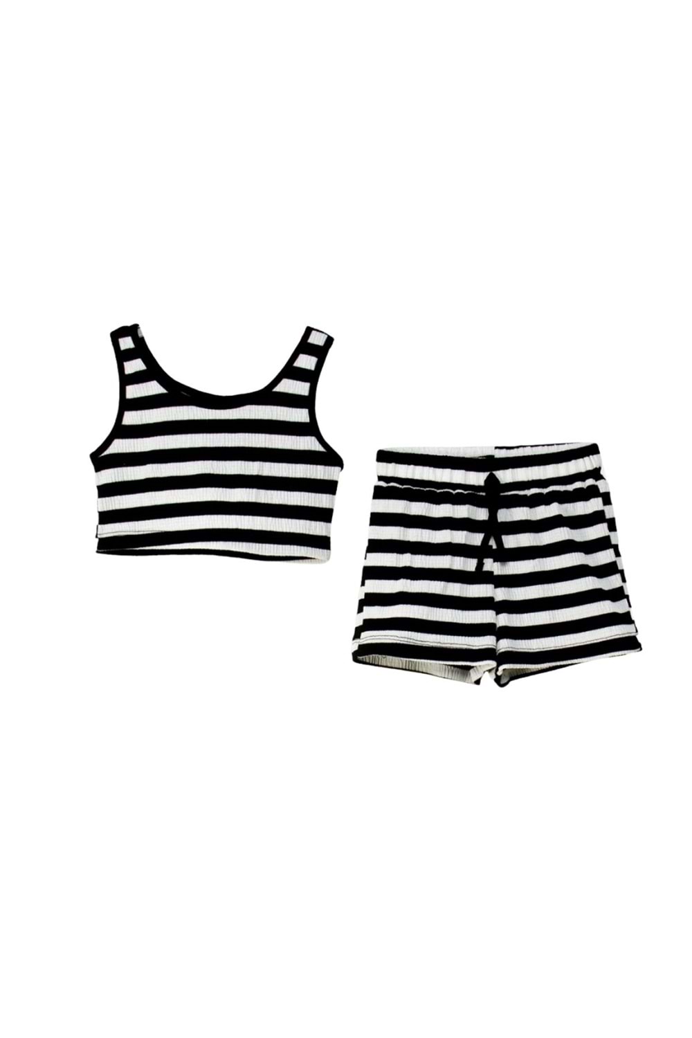 Siyah Beyaz Çizgili Crop Top ve Şort Takımı