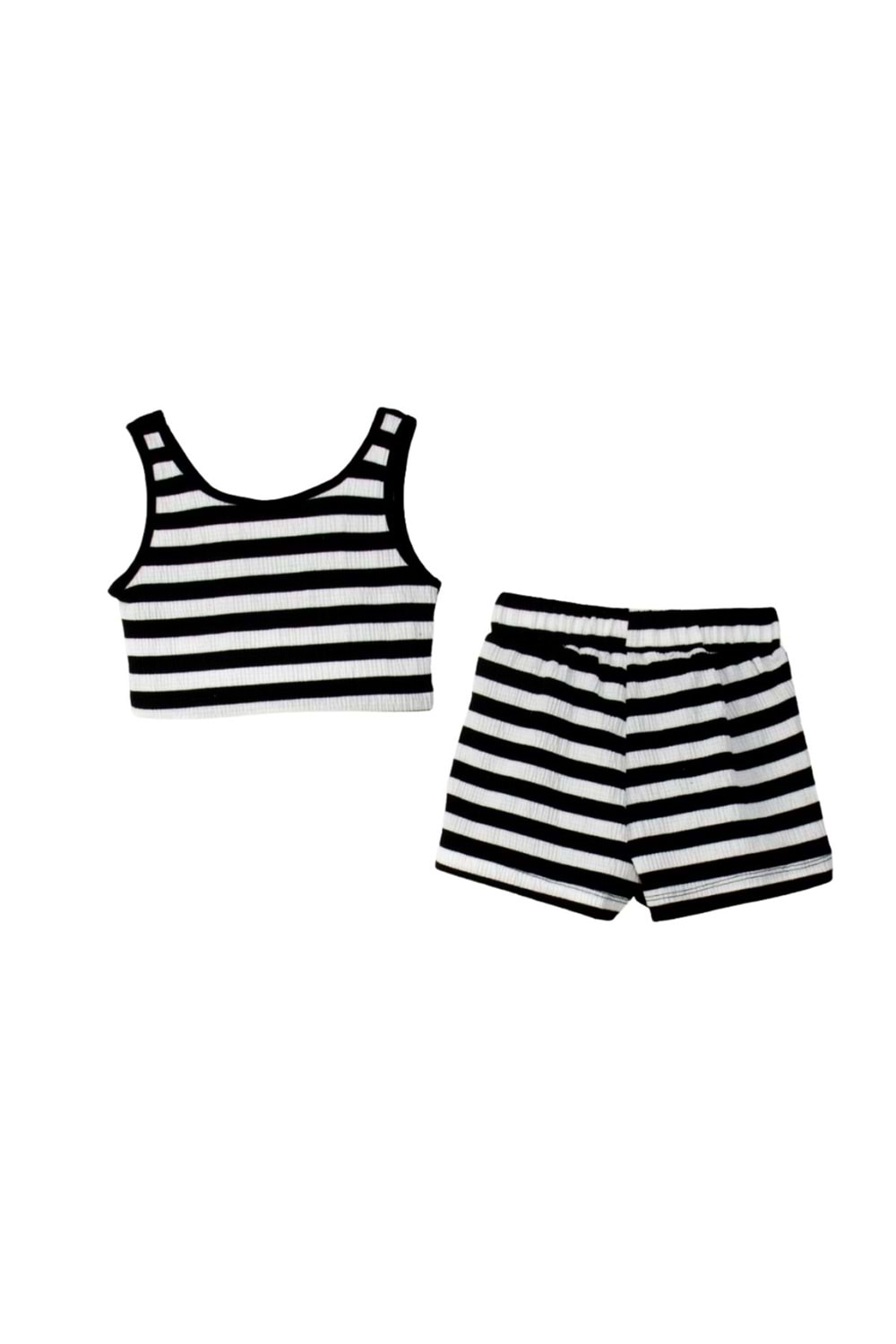 Siyah Beyaz Çizgili Crop Top ve Şort Takımı