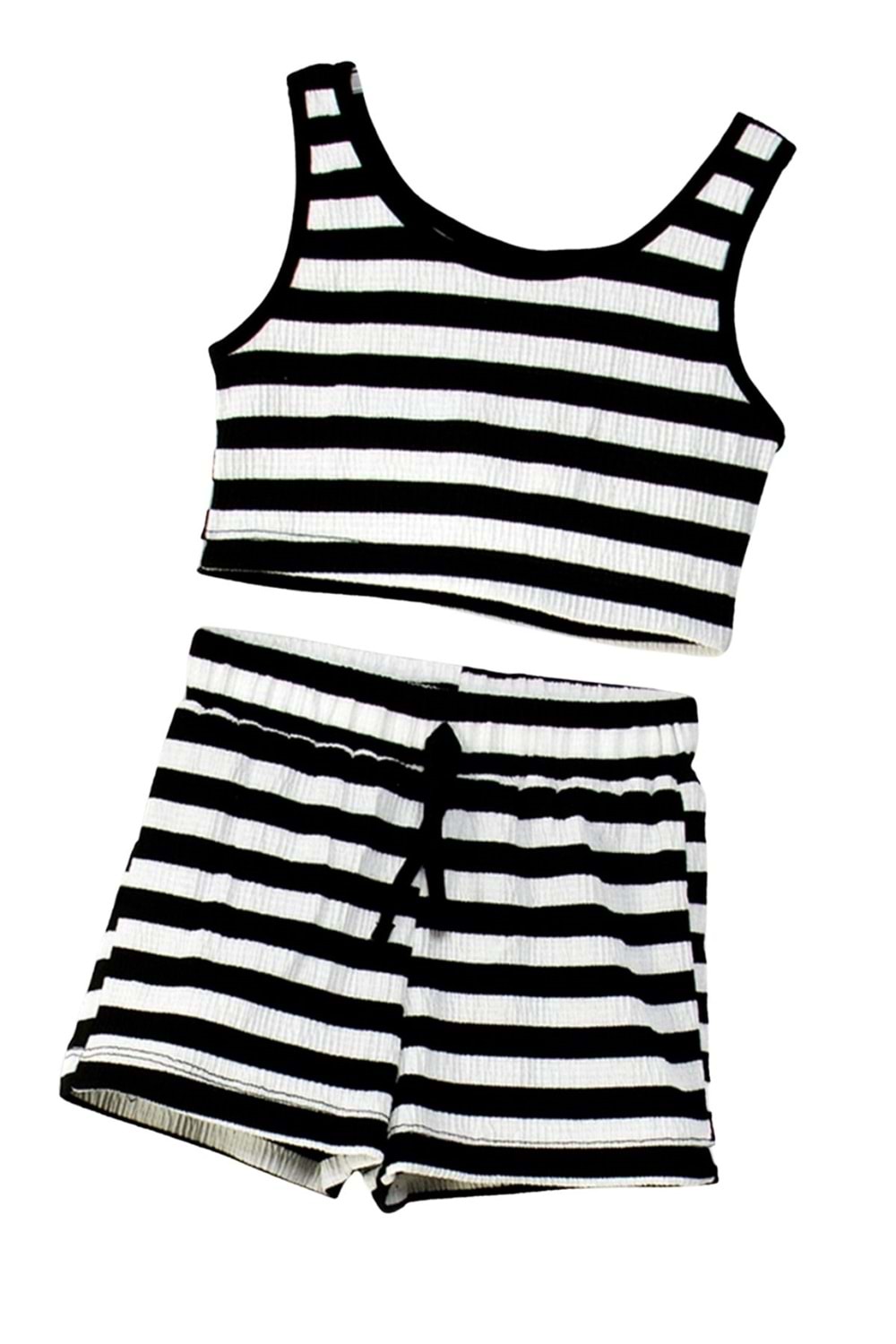 Siyah Beyaz Çizgili Crop Top ve Şort Takımı