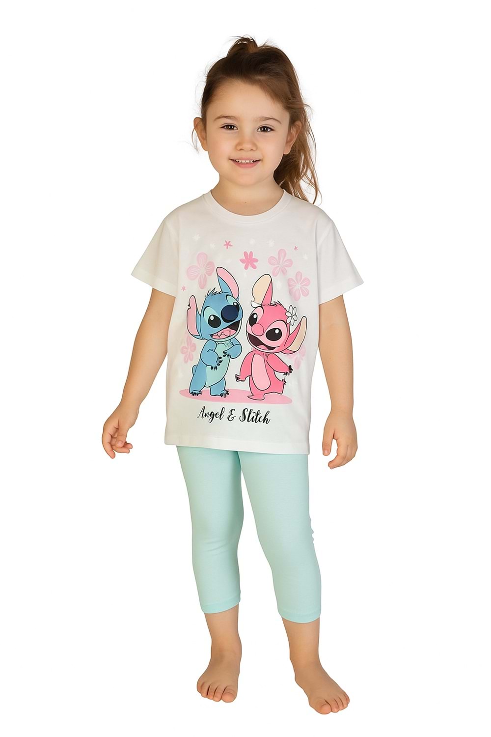 Angel Stitch Baskılı Kız Çocuk Tişört ve Kapri Takımı