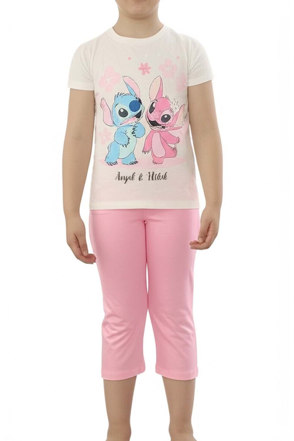 Angel Stitch Baskılı Kız Çocuk Tişört ve Kapri Takımı