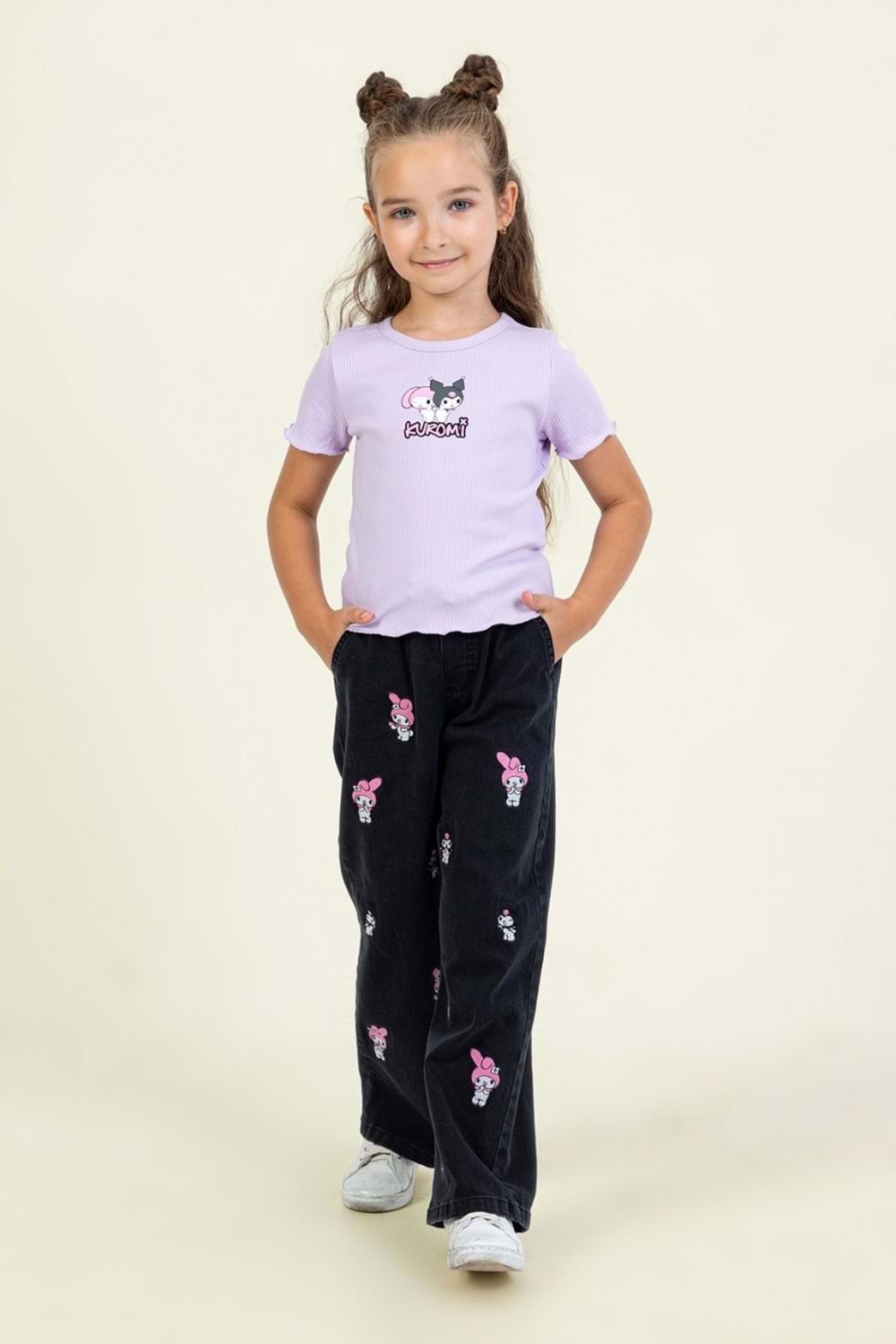 Kız Çocuk My Melody & Kuromi Baskılı Kot Pantolon – Mavi-Siyah