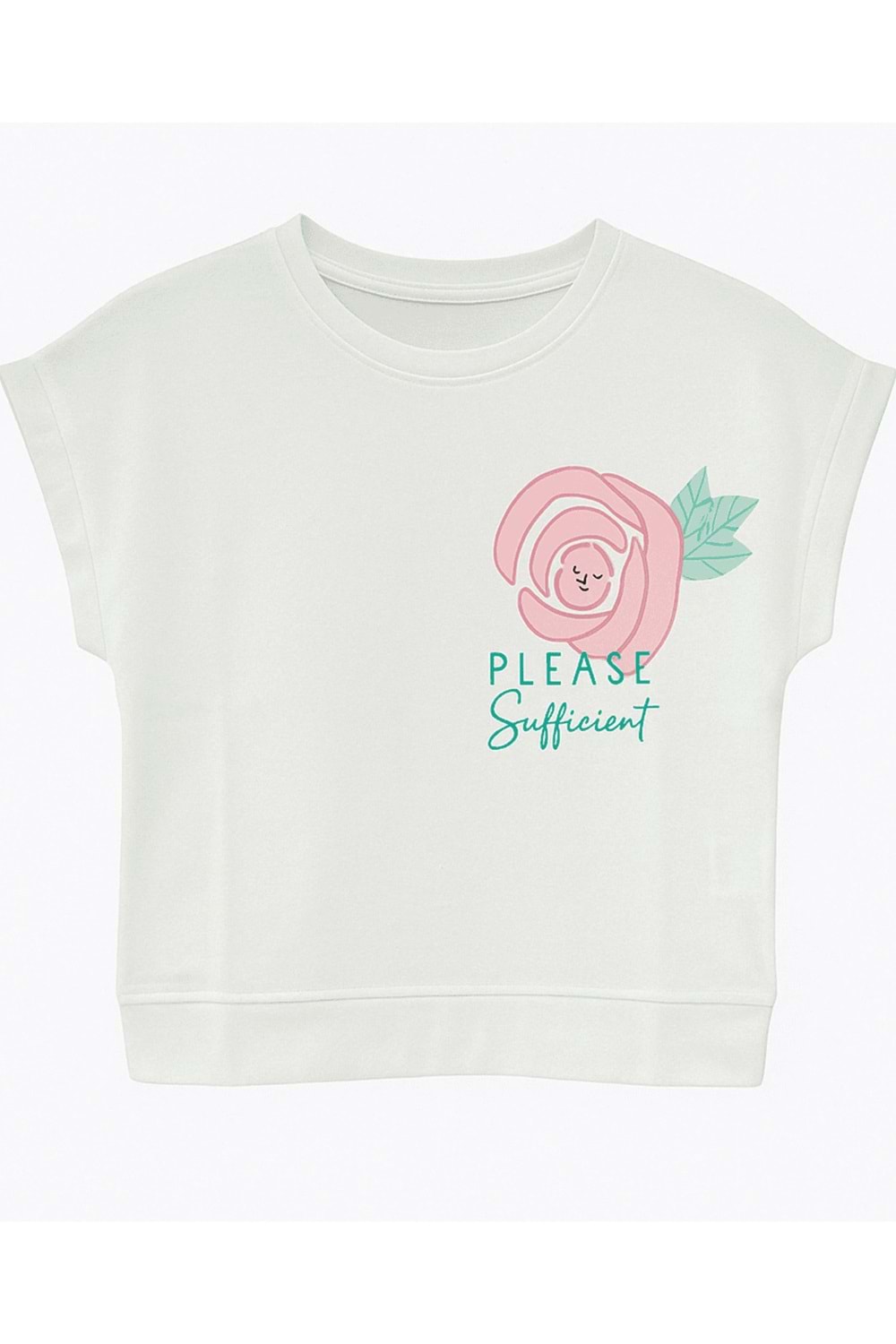 Önü Sırtı Çiçek Baskılı Bisiklet Yaka Kız Çocuk T-Shirt - Beyaz