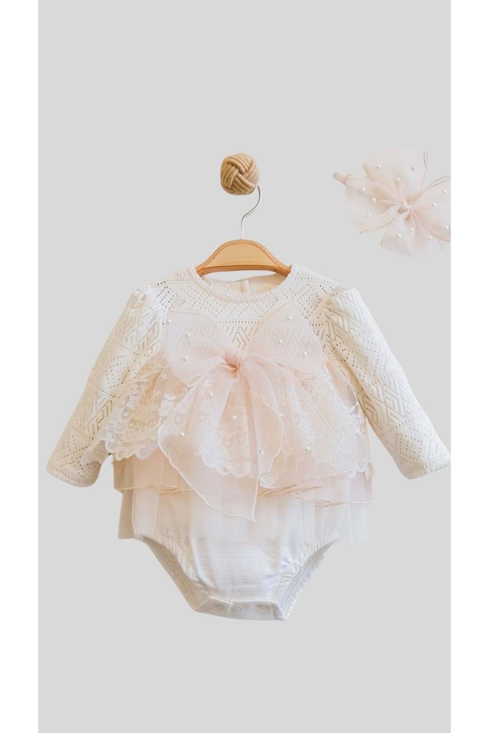 Üstü Merserize Fiyonk Detaylı Tül Kız Bebek Tulum Elbise