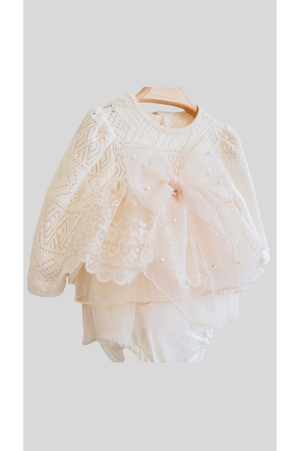 Üstü Merserize Fiyonk Detaylı Tül Kız Bebek Tulum Elbise