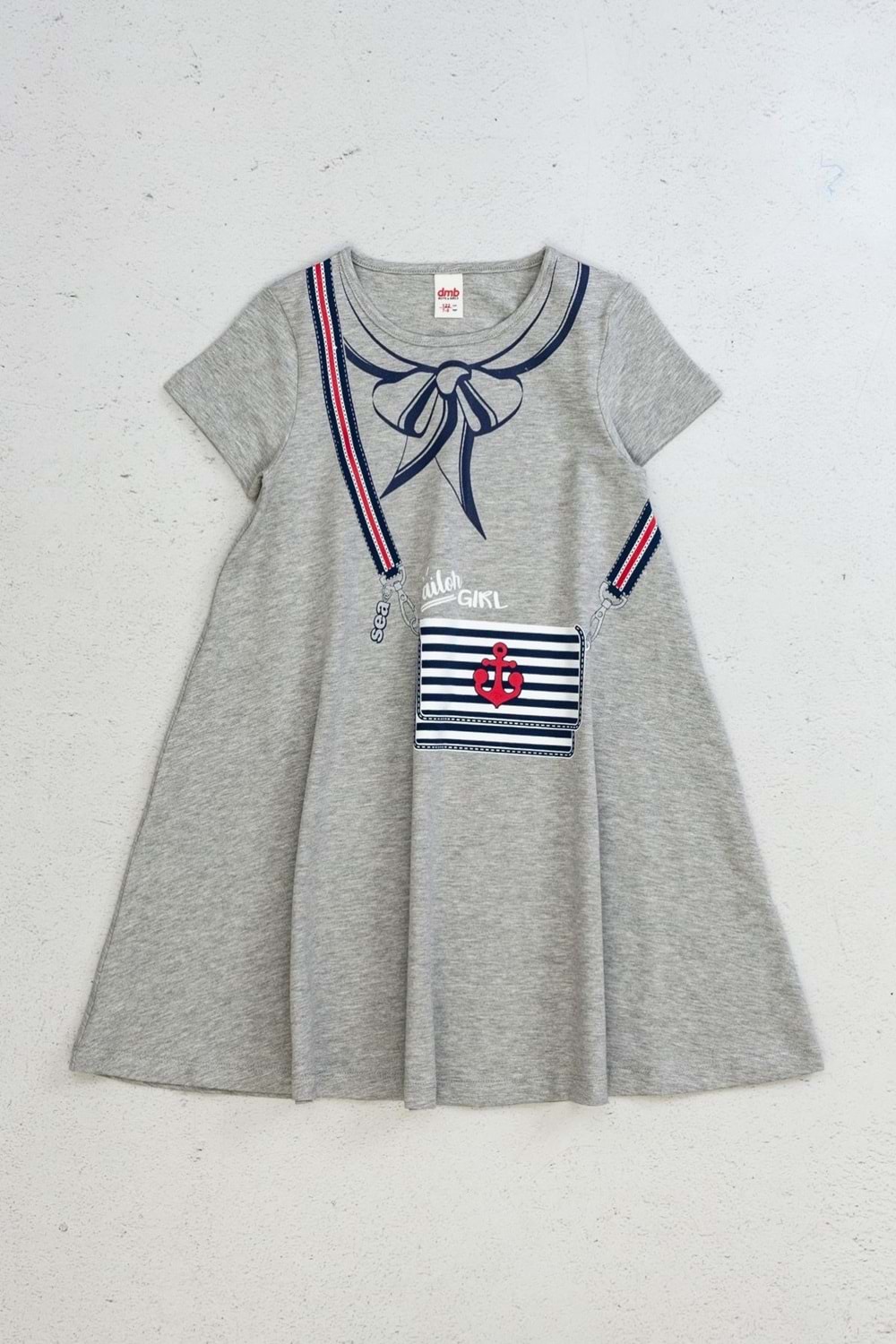 Denizci Yakalı Fiyonk ve Çapa Detaylı Lacivert Kız Çocuk Elbise - Gıri Melanj