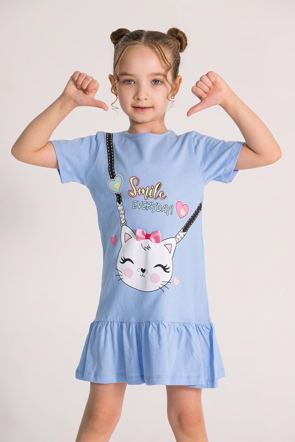 Kedi Baskılı Mint Yeşili Volanlı Kız Çocuk Elbise - Mavi