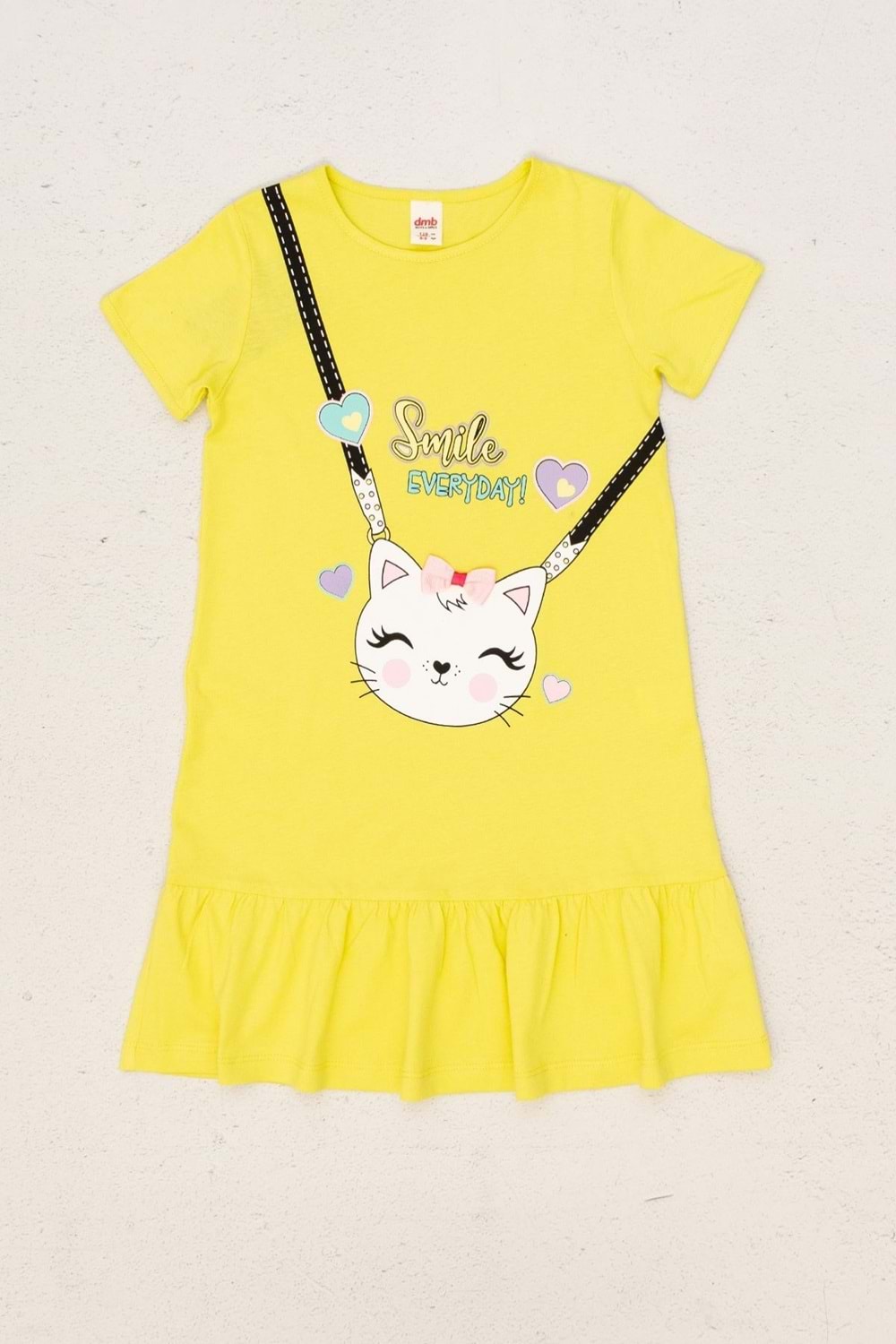 Kedi Baskılı Mint Yeşili Volanlı Kız Çocuk Elbise - Sarı