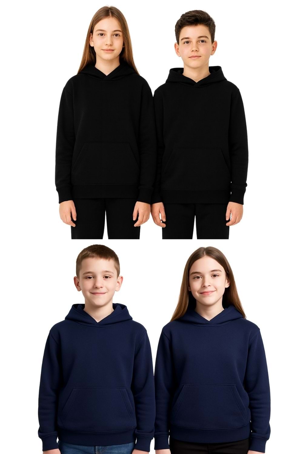 Unisex Çocuk Kapüşonlu Sweatshirt – Siyah & Lacivert,