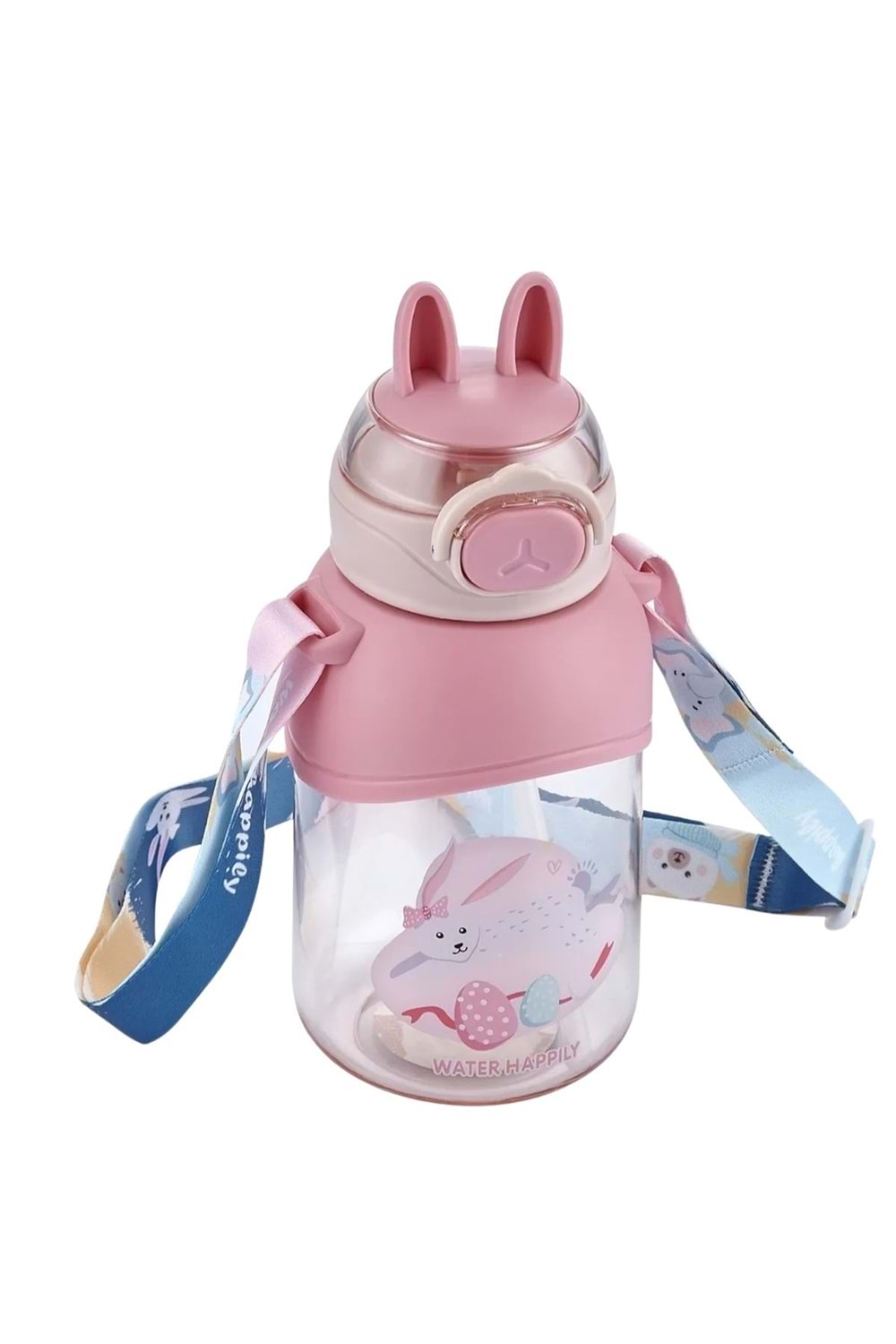 Tavşan Kulaklı Pembe Çocuk Pipetli Suluk Matarası (400 ml) - Pembe - 2-8 YAŞ